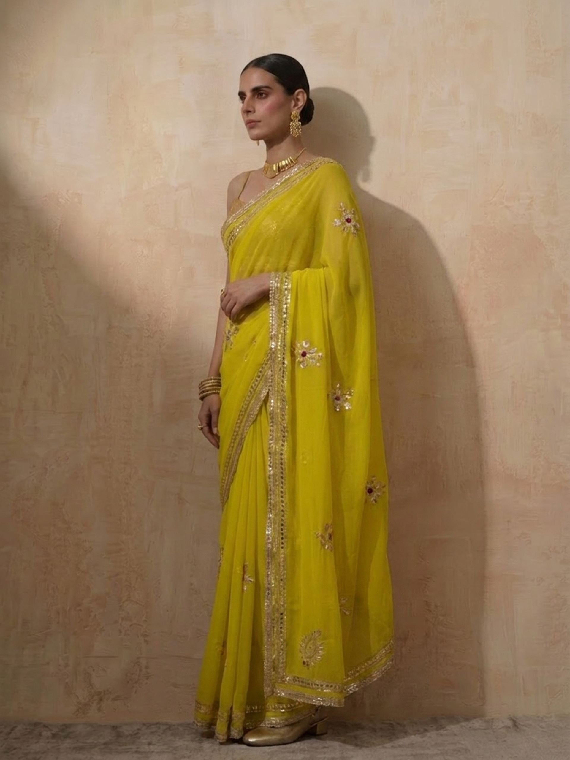Highlighter Chiffon Saree with Gota Patti Handwork with Self Blouse Fabric