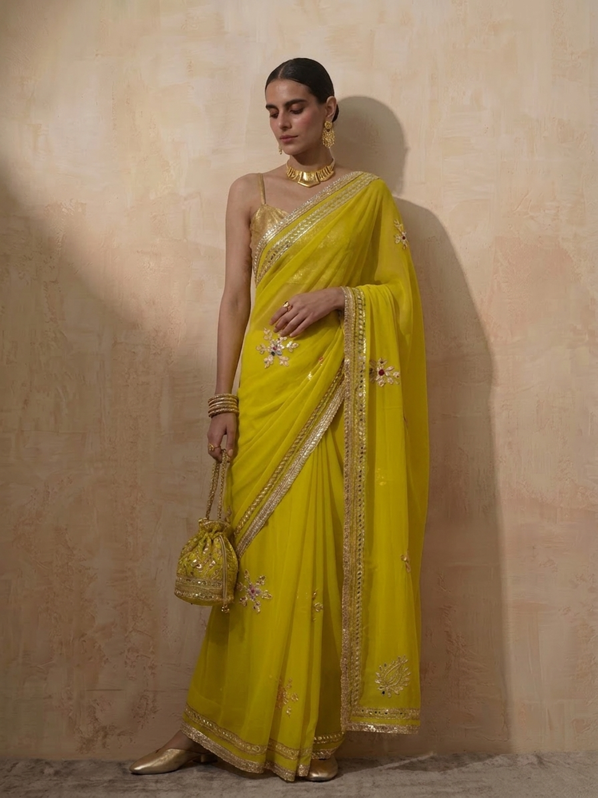 Mehndi Chiffon Saree with Gota Patti Handwork Patches with Self Fabric Blouse