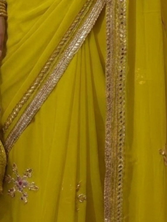 Mehndi Chiffon Saree with Gota Patti Handwork Patches with Self Fabric Blouse