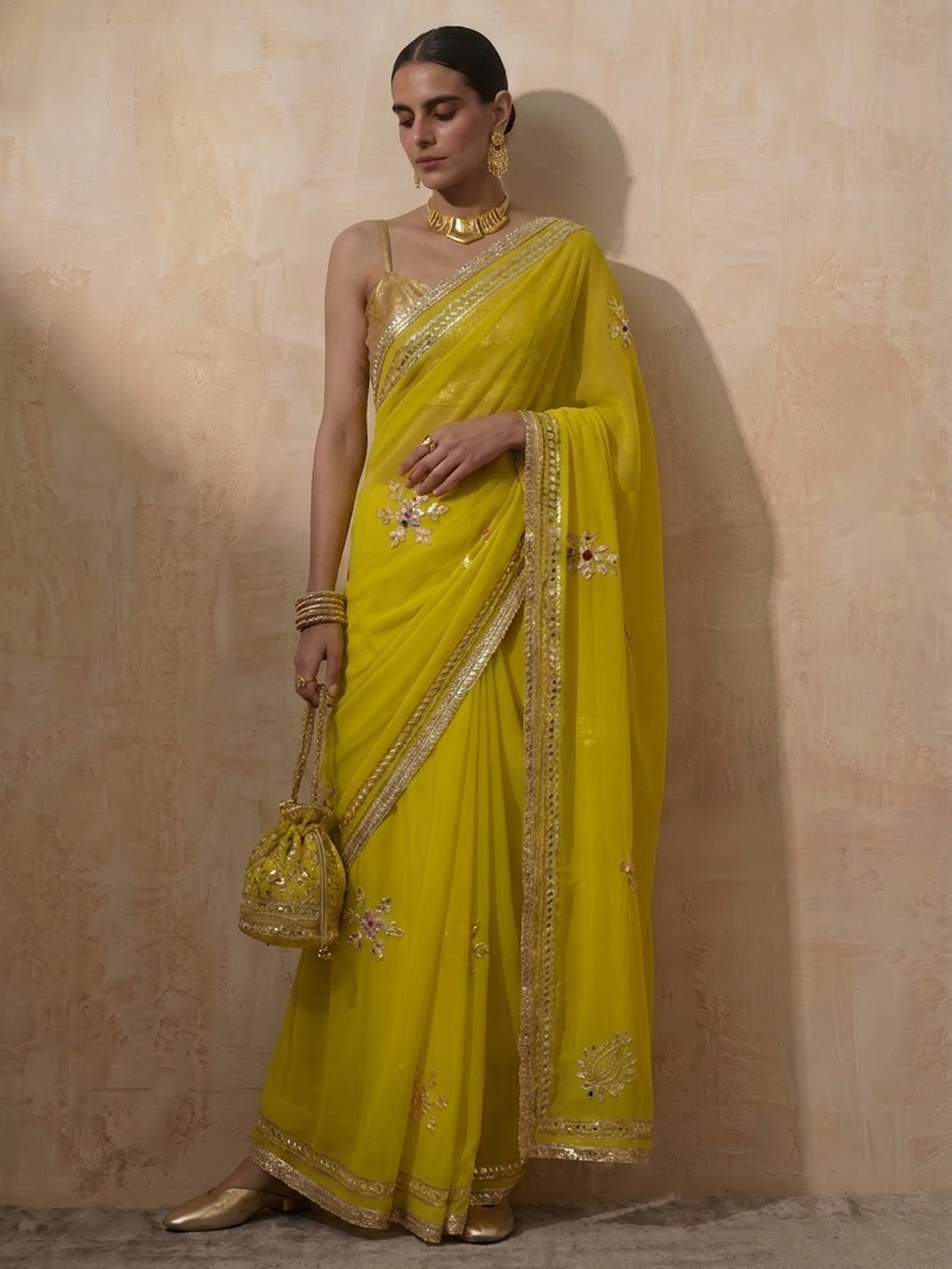 Highlighter chiffon saree with Gota patti handwork with self blouse fabric