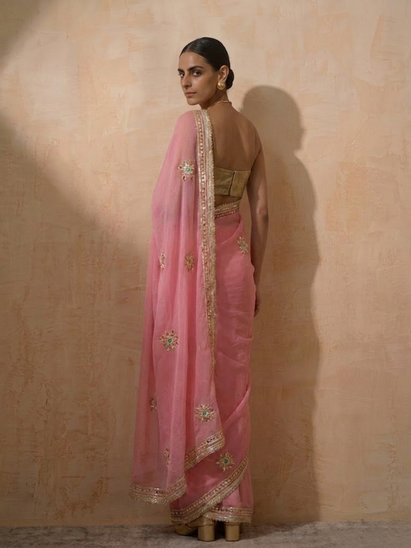 Blush Pink Chiffon Saree with Gota Patti Handwork Patches with Self Fabric Blouse