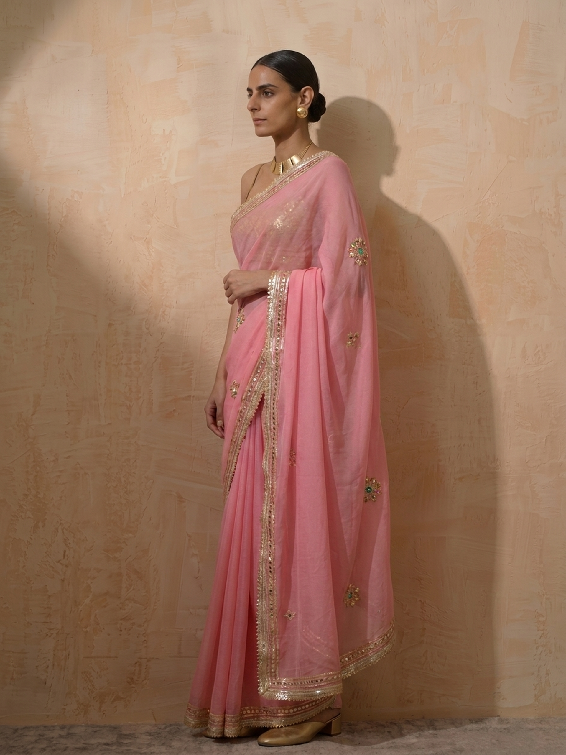 Blush Pink Chiffon Saree with Gota Patti Handwork Patches with Self Fabric Blouse