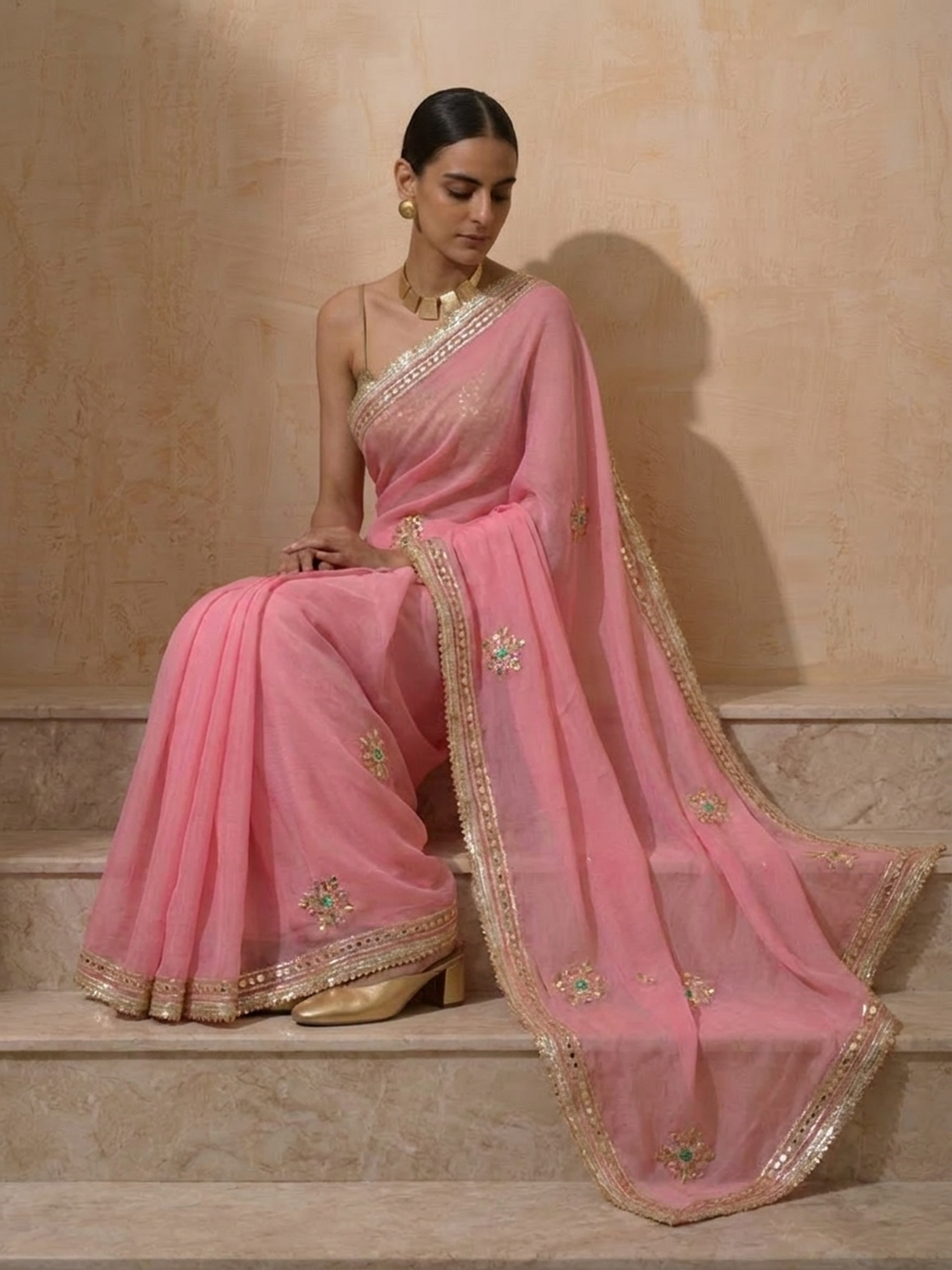 Blush Pink Chiffon Saree with Gota Patti Handwork Patches with Self Fabric Blouse