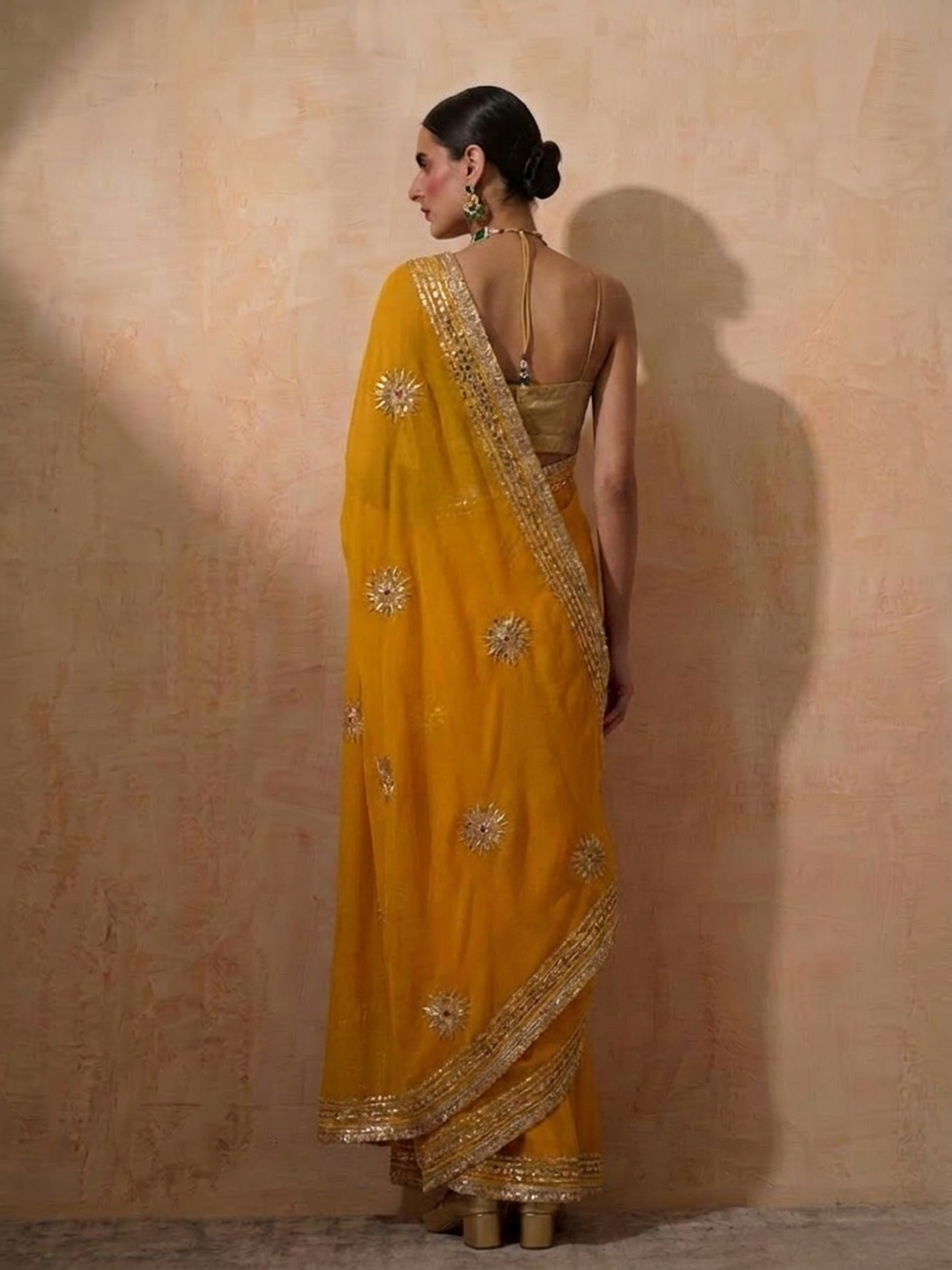 Yellow Chiffon Saree with Gota Patti Handwork Patches with Self Fabric Blouse