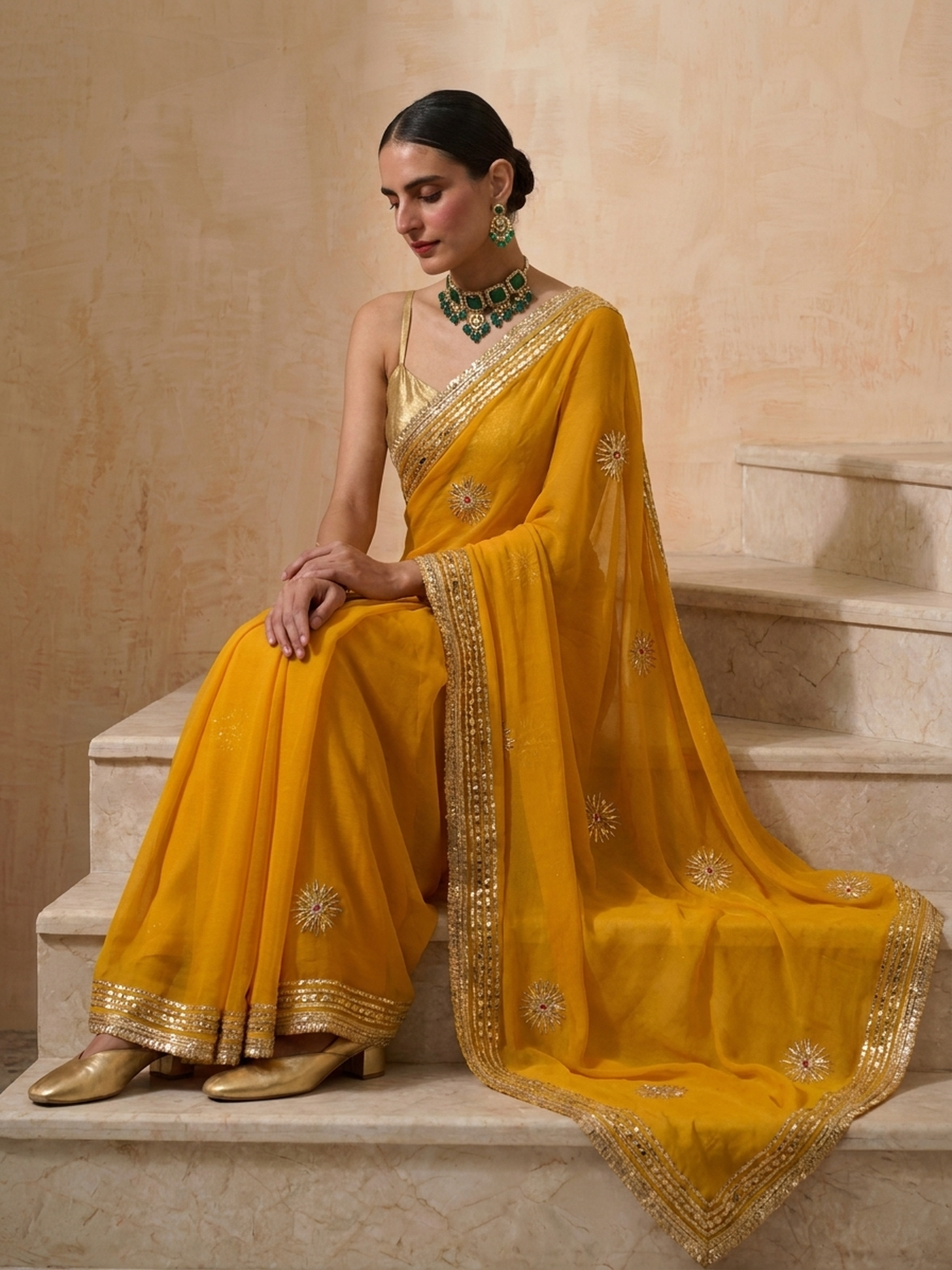 Yellow Chiffon Saree with Gota Patti Handwork Patches with Self Fabric Blouse