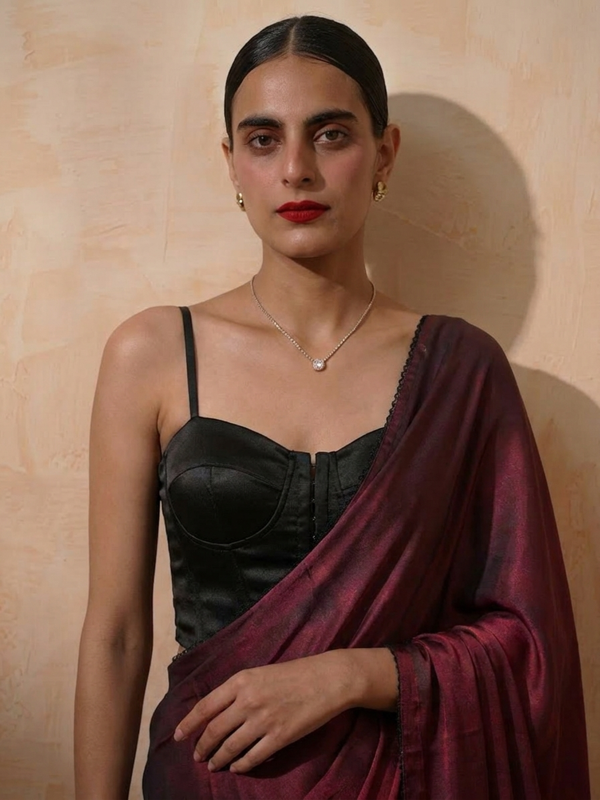 Rosewood Dual Shade Satin Saree with Hanging Lace and Self Blouse Fabric