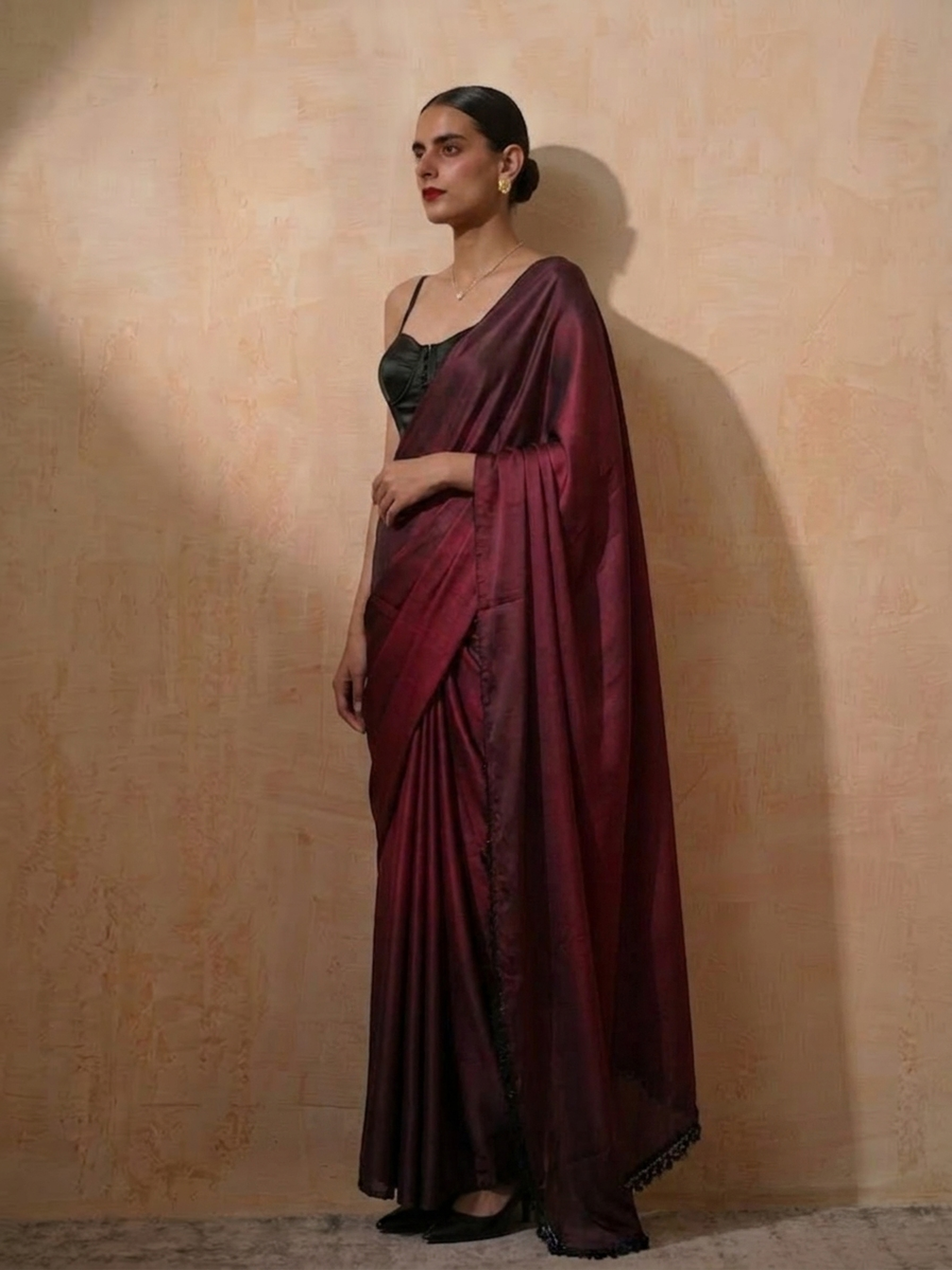 Rosewood Dual Shade Satin Saree with Hanging Lace and Self Blouse Fabric