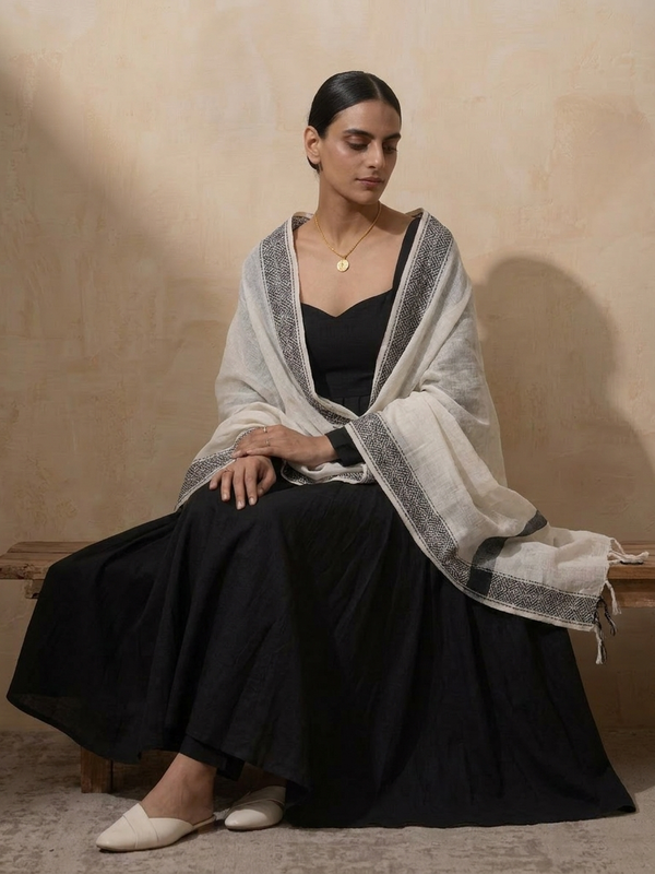 3 Pc Set - Black Cotton Anarkali with Woven Cream Black Dupatta