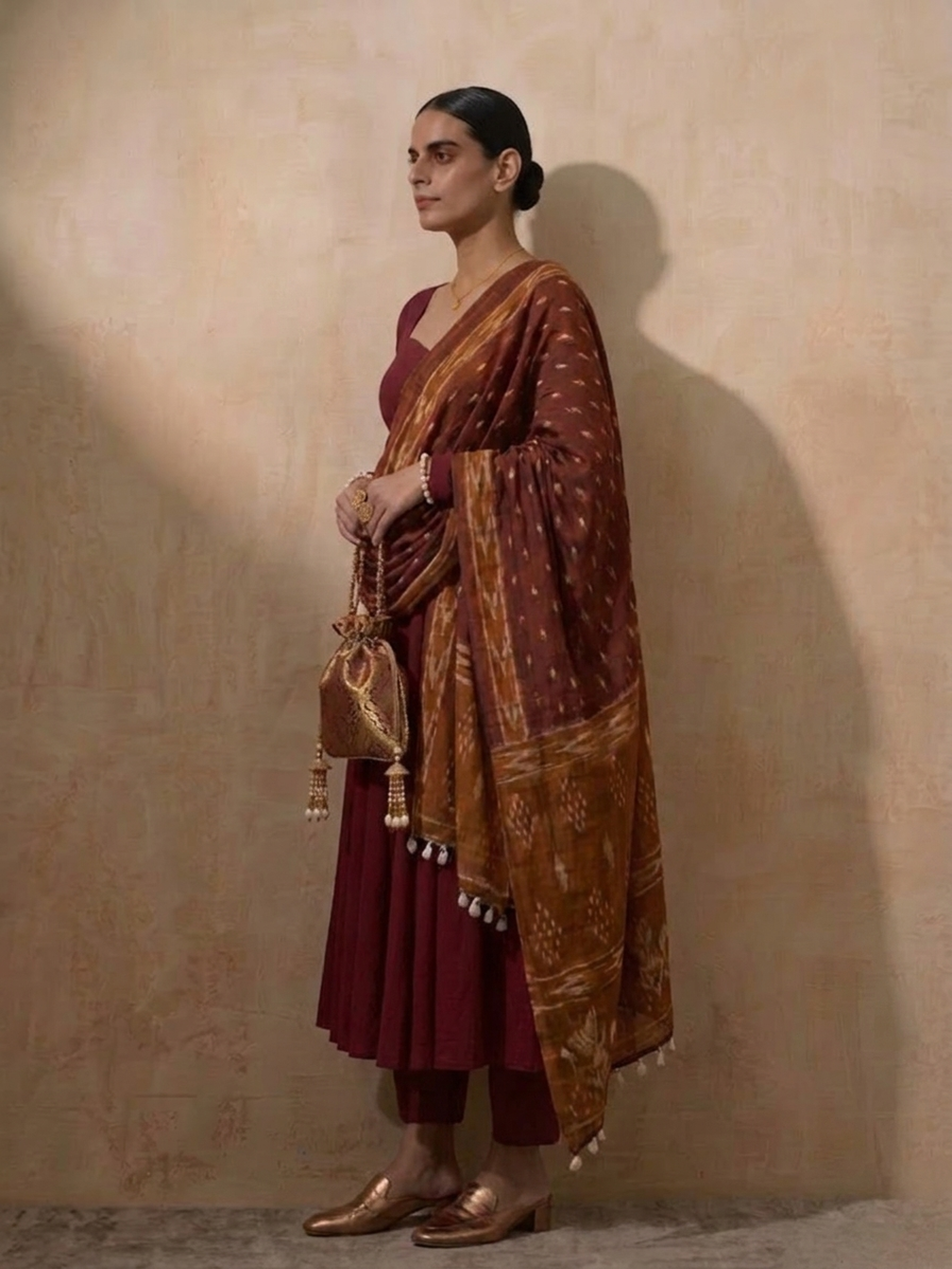 3 Pc Set - Maroon Cotton Anarkali with Cowrie on Sleeve and Printed Dupatta Ends
