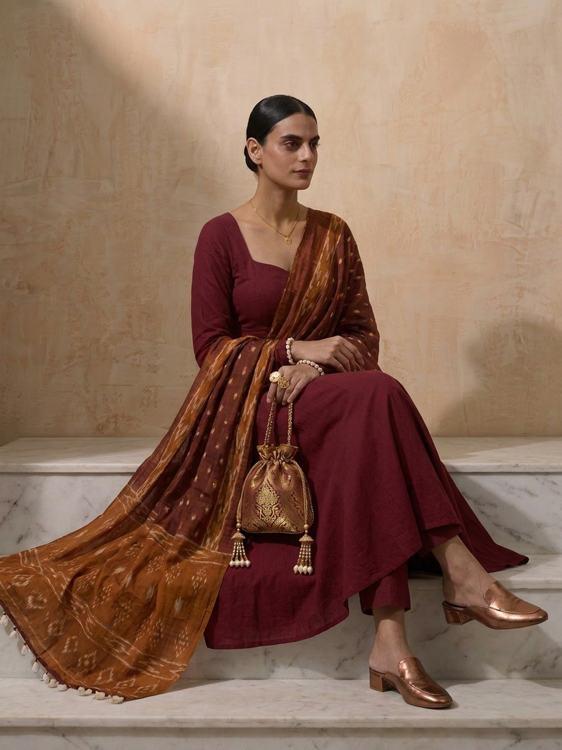 3 Pc Set - Maroon Cotton Anarkali with Cowrie on Sleeve and Printed Dupatta Ends
