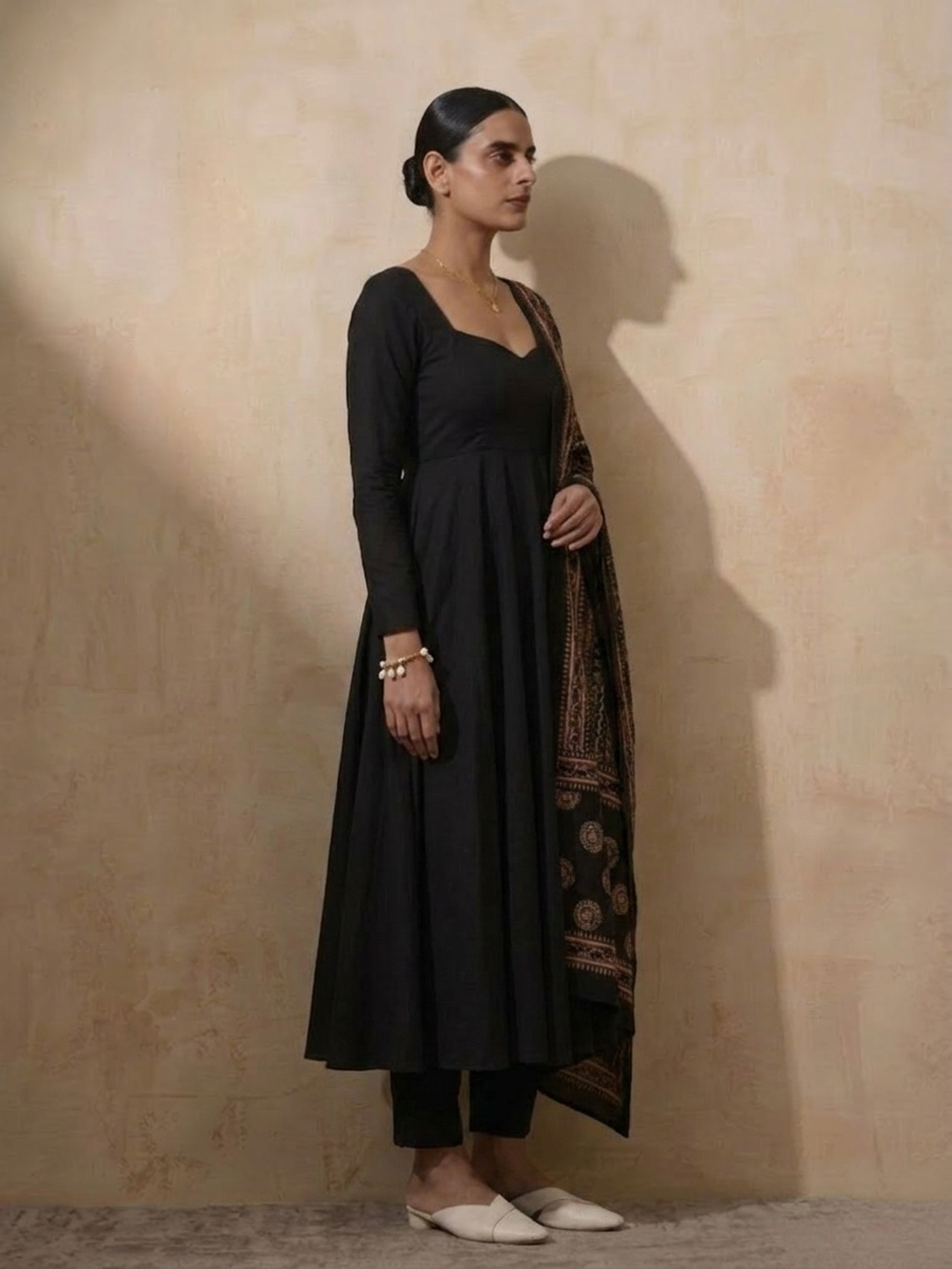 3 Pc Set - Black Cotton Anarkali with Black Printed Dupatta
