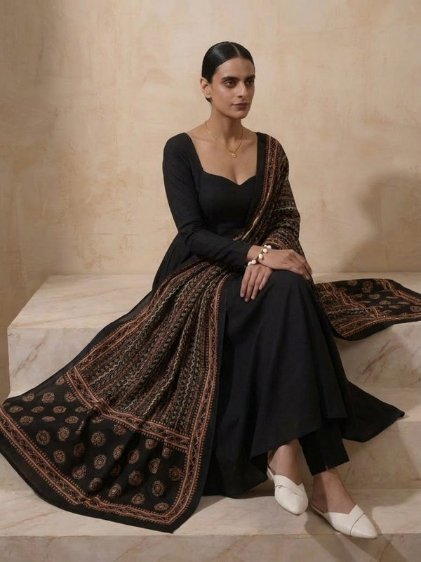 3 Pc Set - Black Cotton Anarkali with Black Printed Dupatta