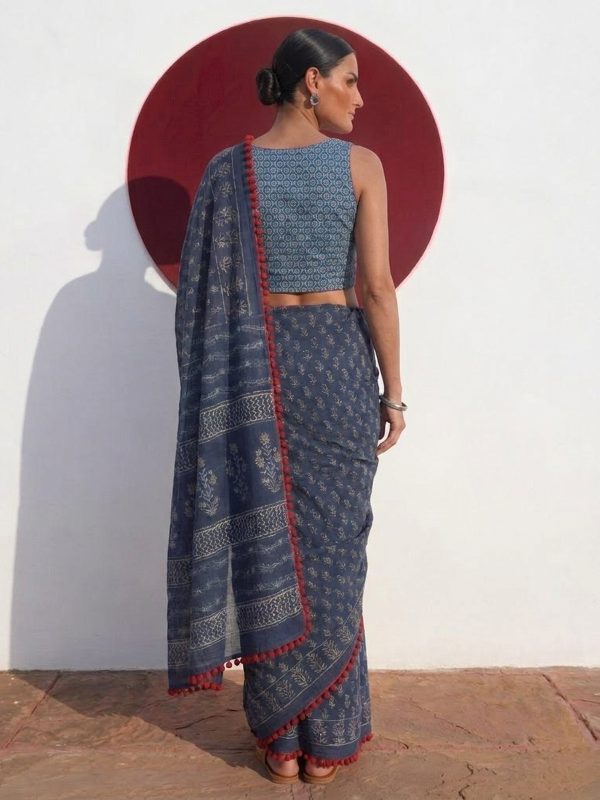 Indigo Hand Block Printed Saree with Red Lace and Blouse Fabric