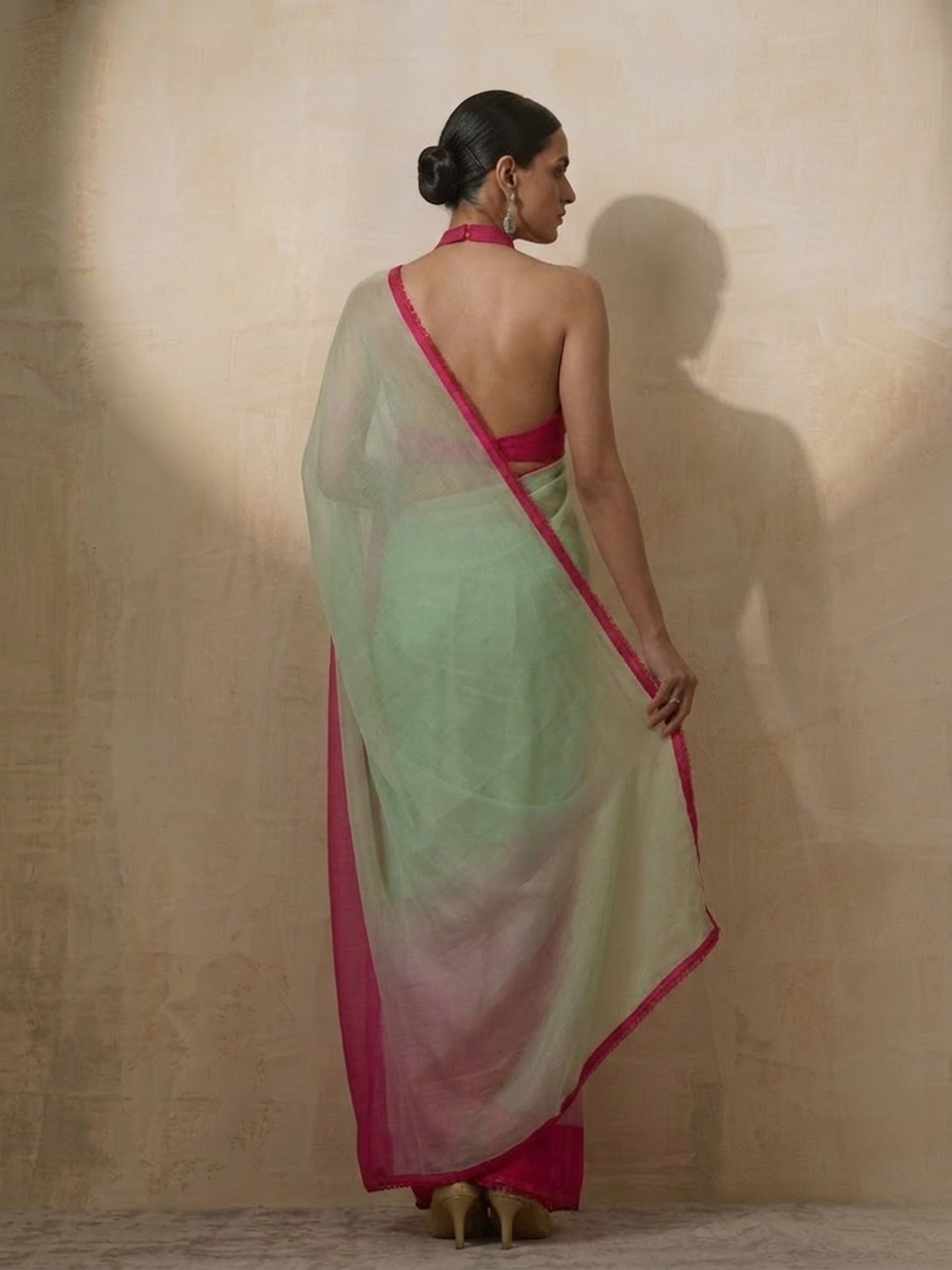 Green Coral Ombre Chiffon Saree with Self Fabric Blouse