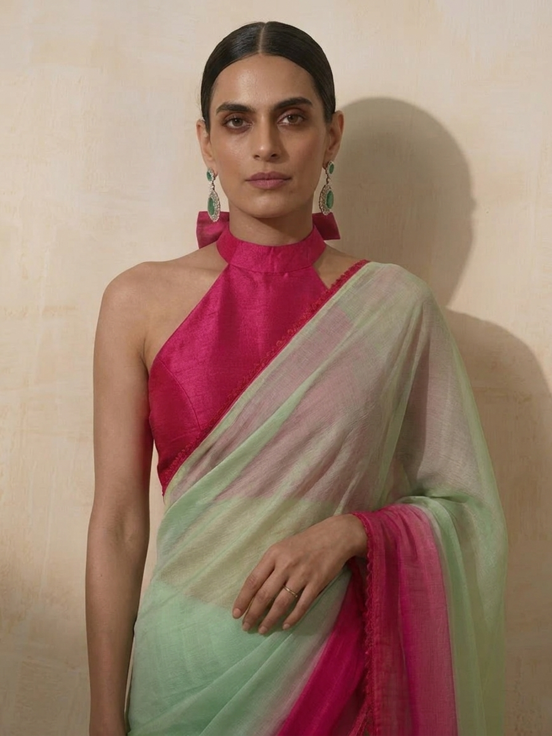 Green Coral Ombre Chiffon Saree with Self Fabric Blouse