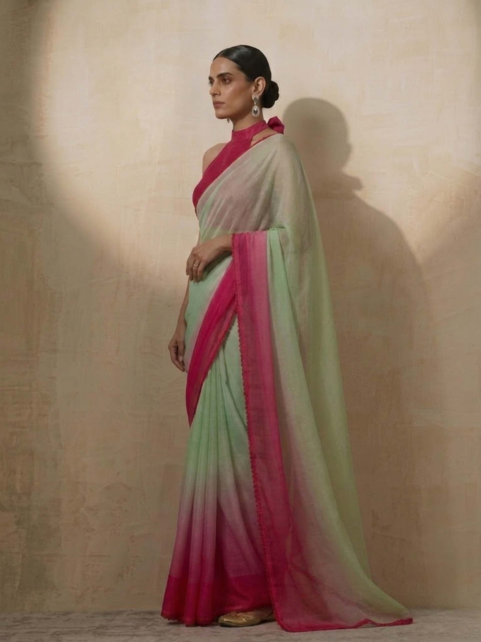 Green Coral Ombre Chiffon Saree with Self Fabric Blouse
