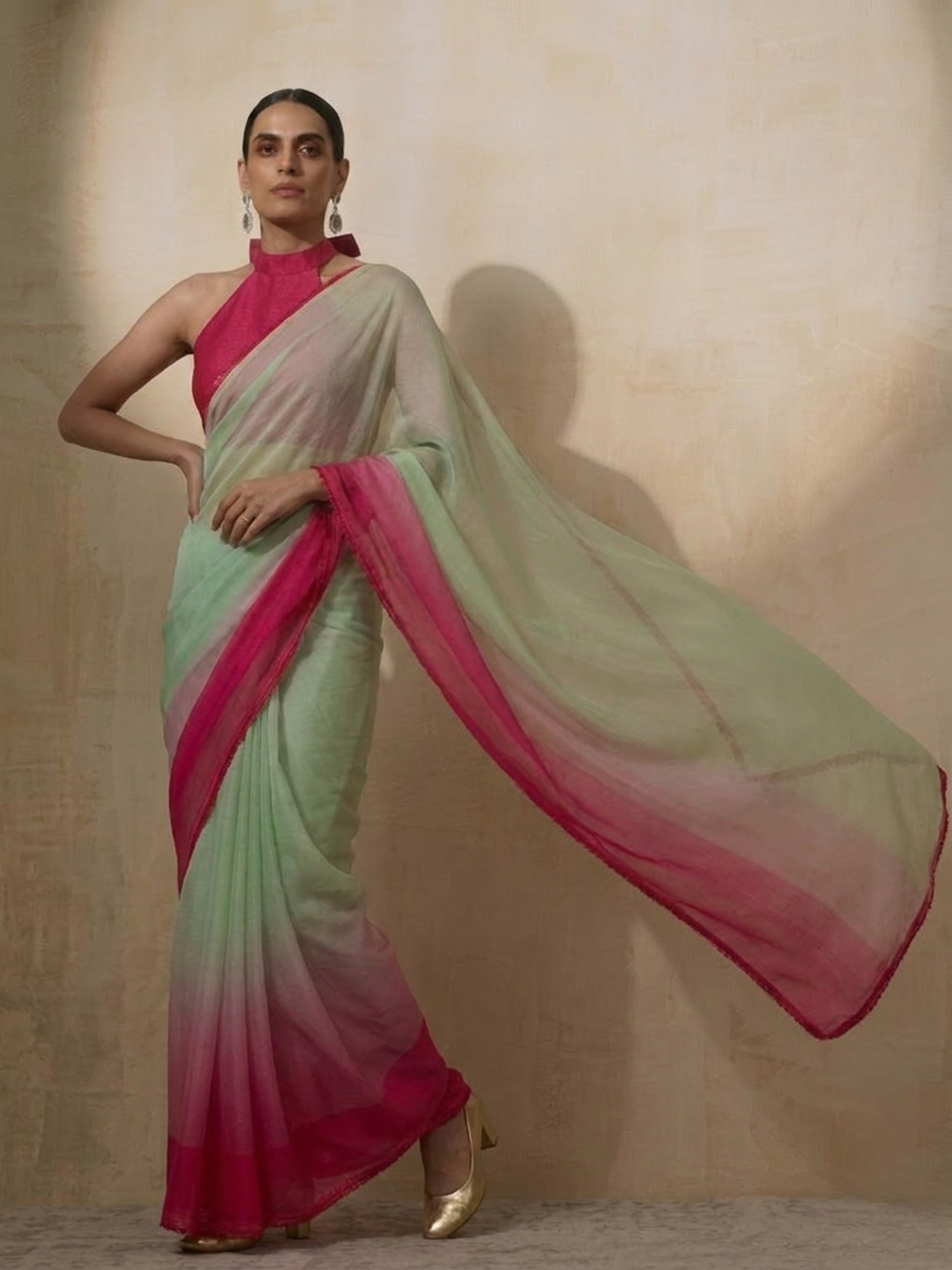 Green Coral Ombre Chiffon Saree with Self Fabric Blouse