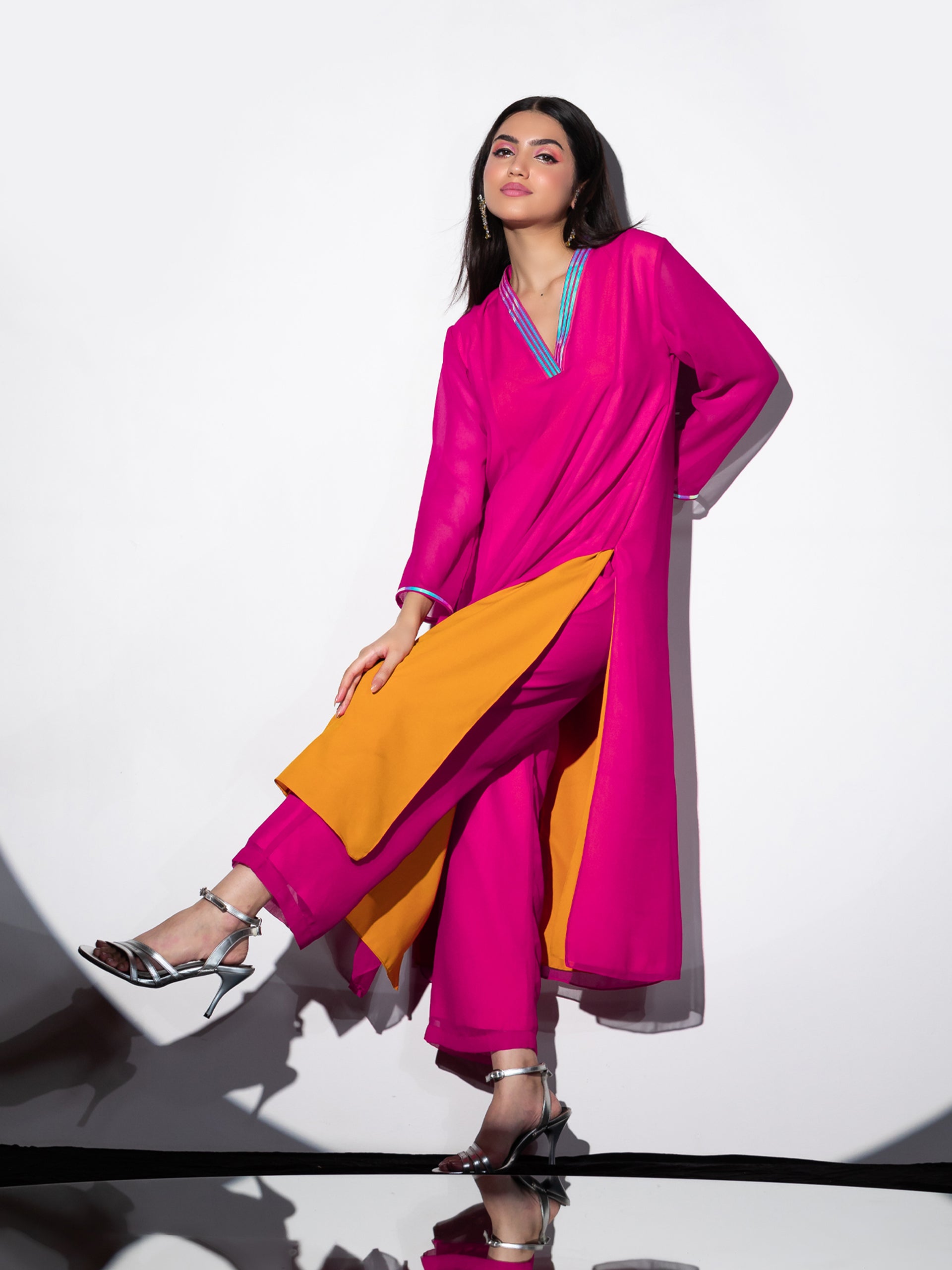 Women's Pink & Yellow Surprise Georgette Kurta Set with Contrast Inner Lining and Pants 2 Piece Set | A-Line, V Neck, Full Sleeves, Pants, Work wear, Festive Wear, (Georgette)