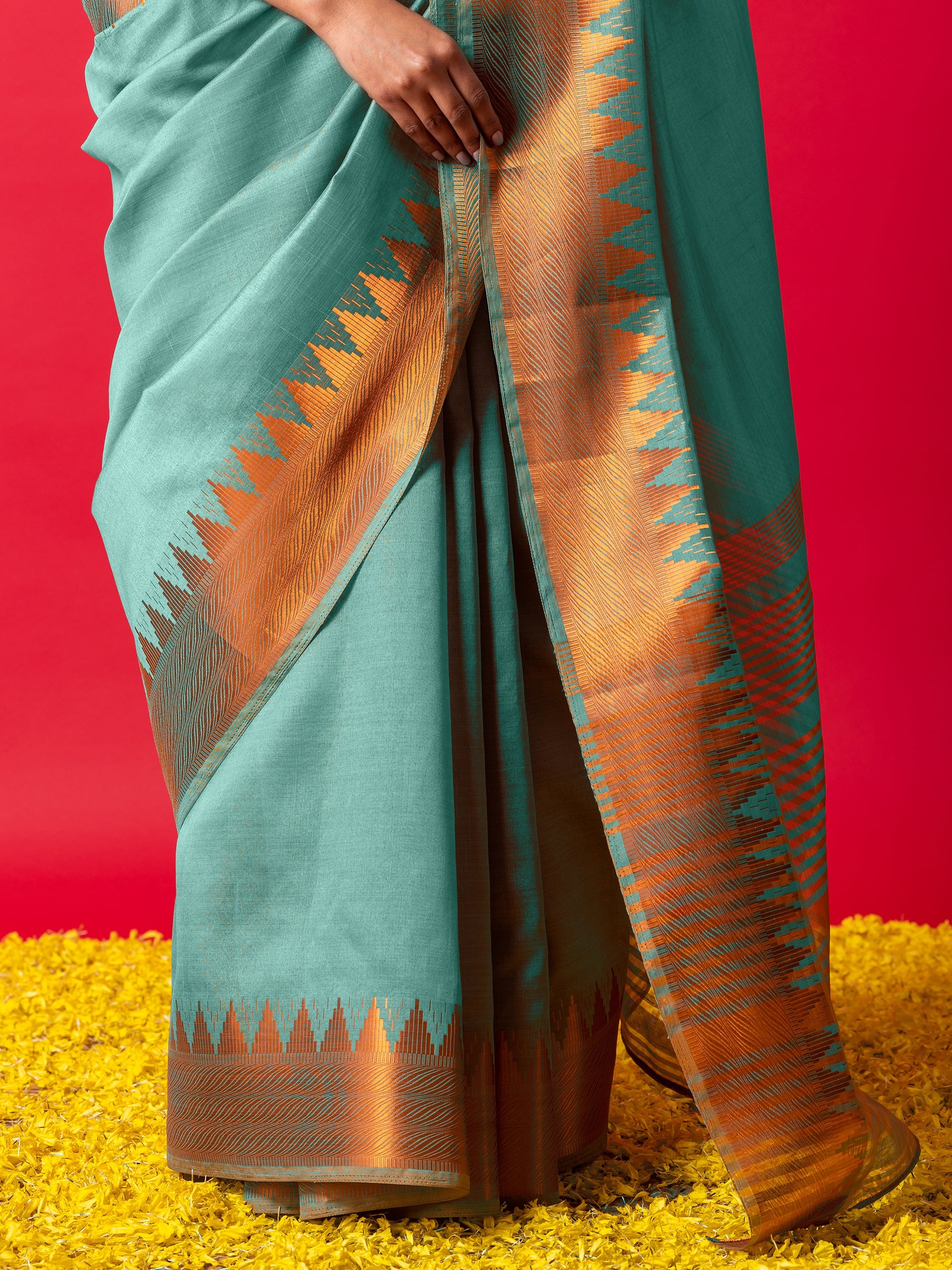 Sky Lark Copper Temple Saree with Blouse Fabric