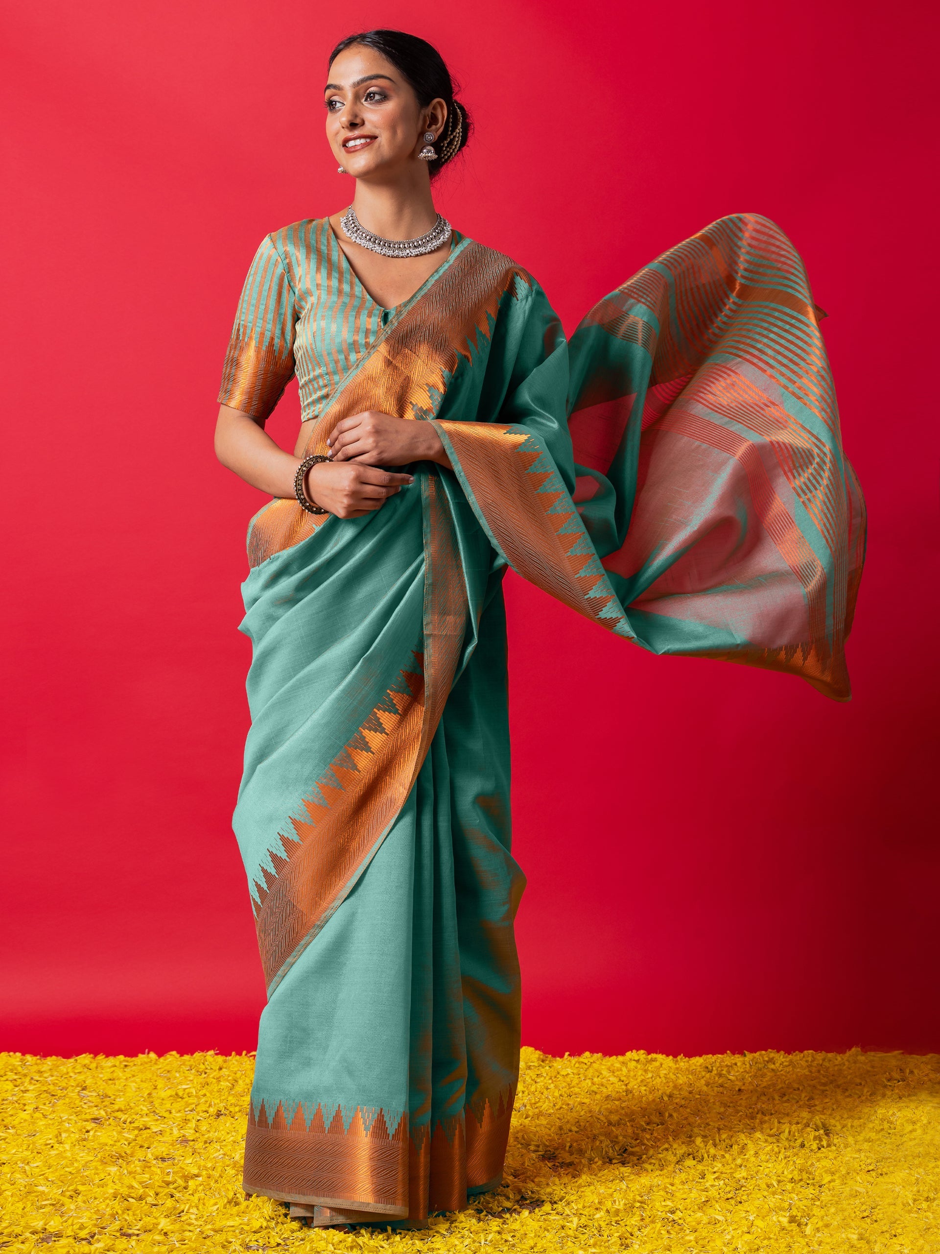 Sky Lark Copper Temple Saree with Blouse Fabric