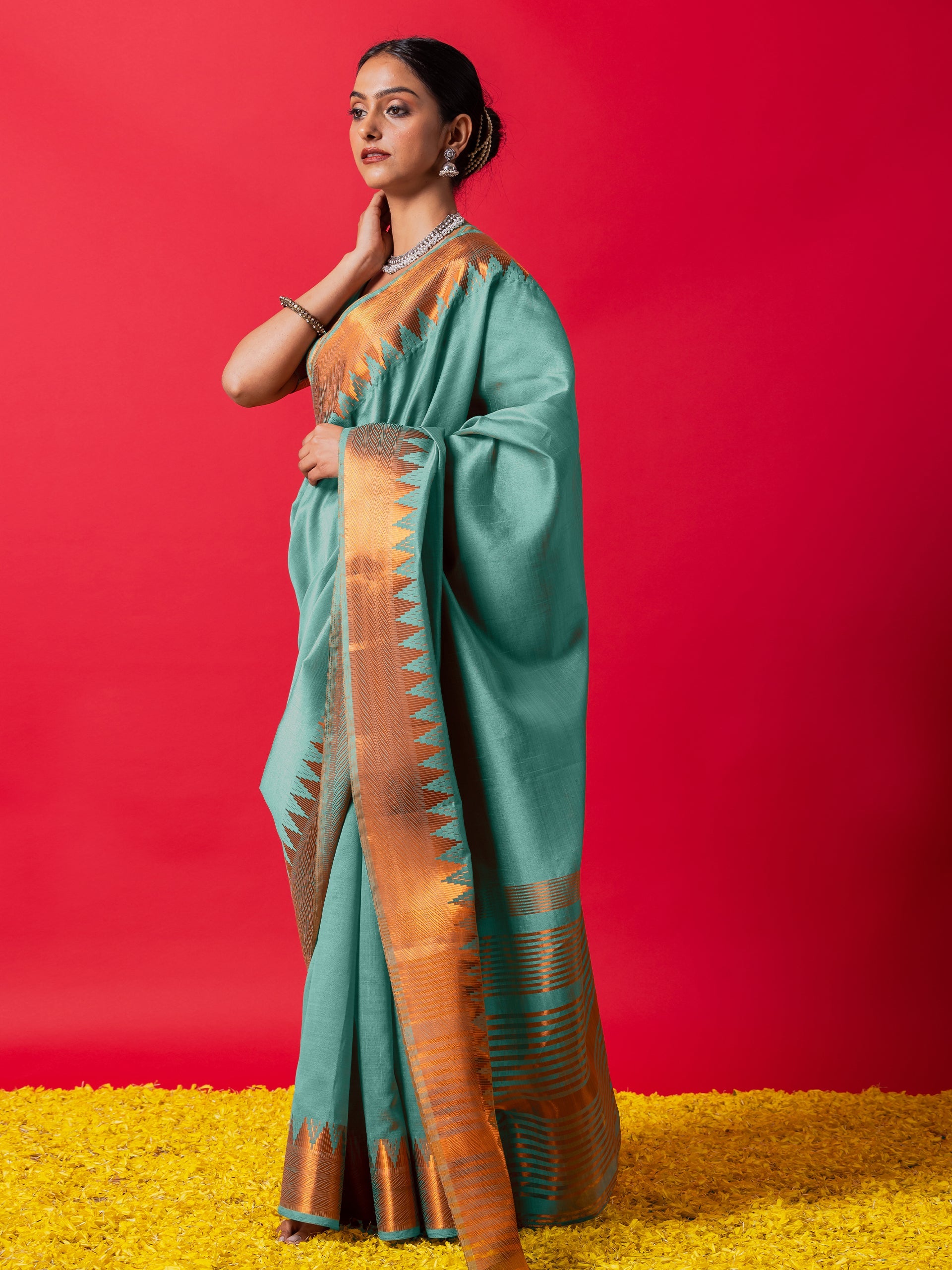 Sky Lark Copper Temple Saree with Blouse Fabric