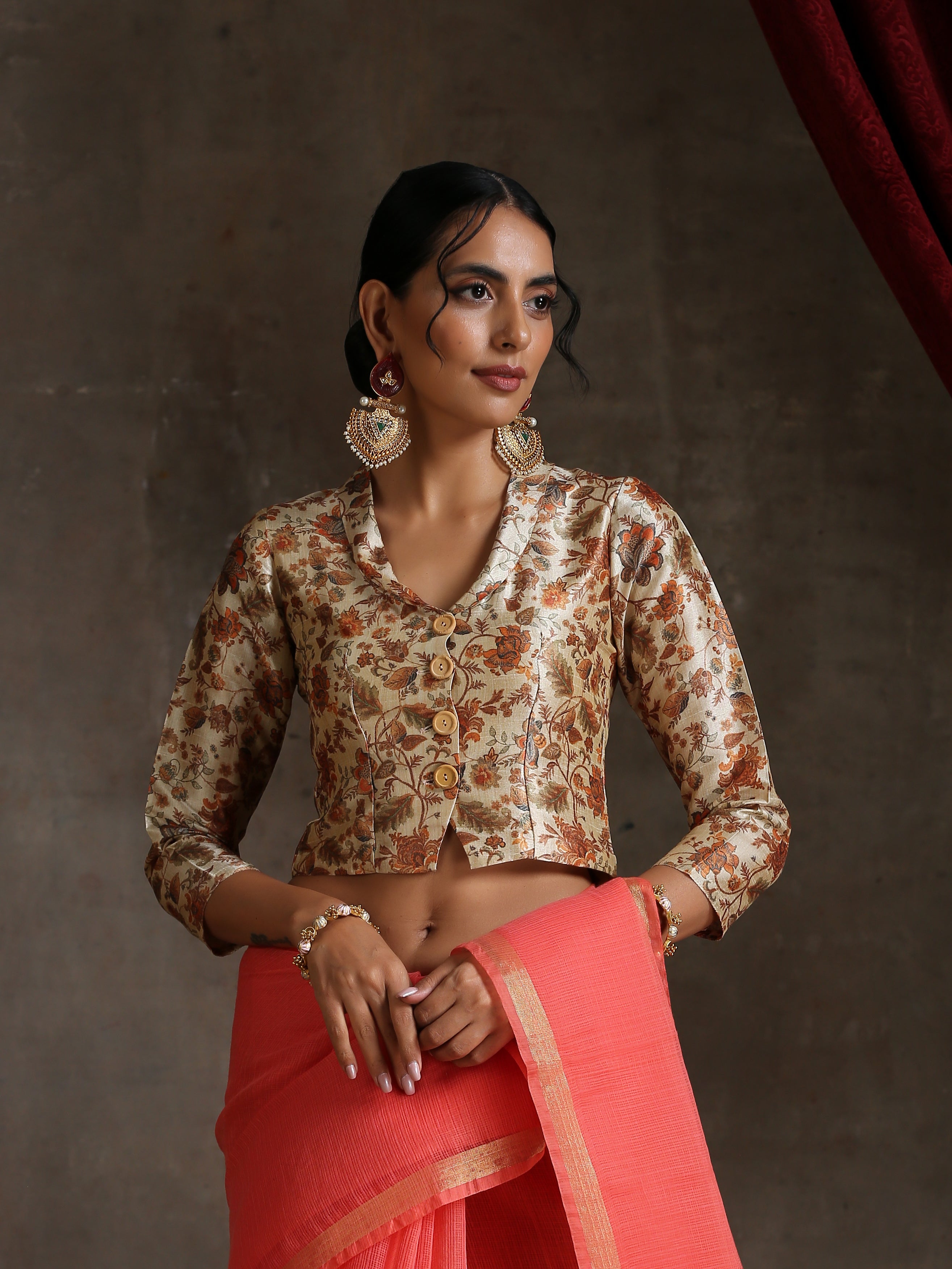 Blouse - Autumn Bouquet Print with Wooden Buttons