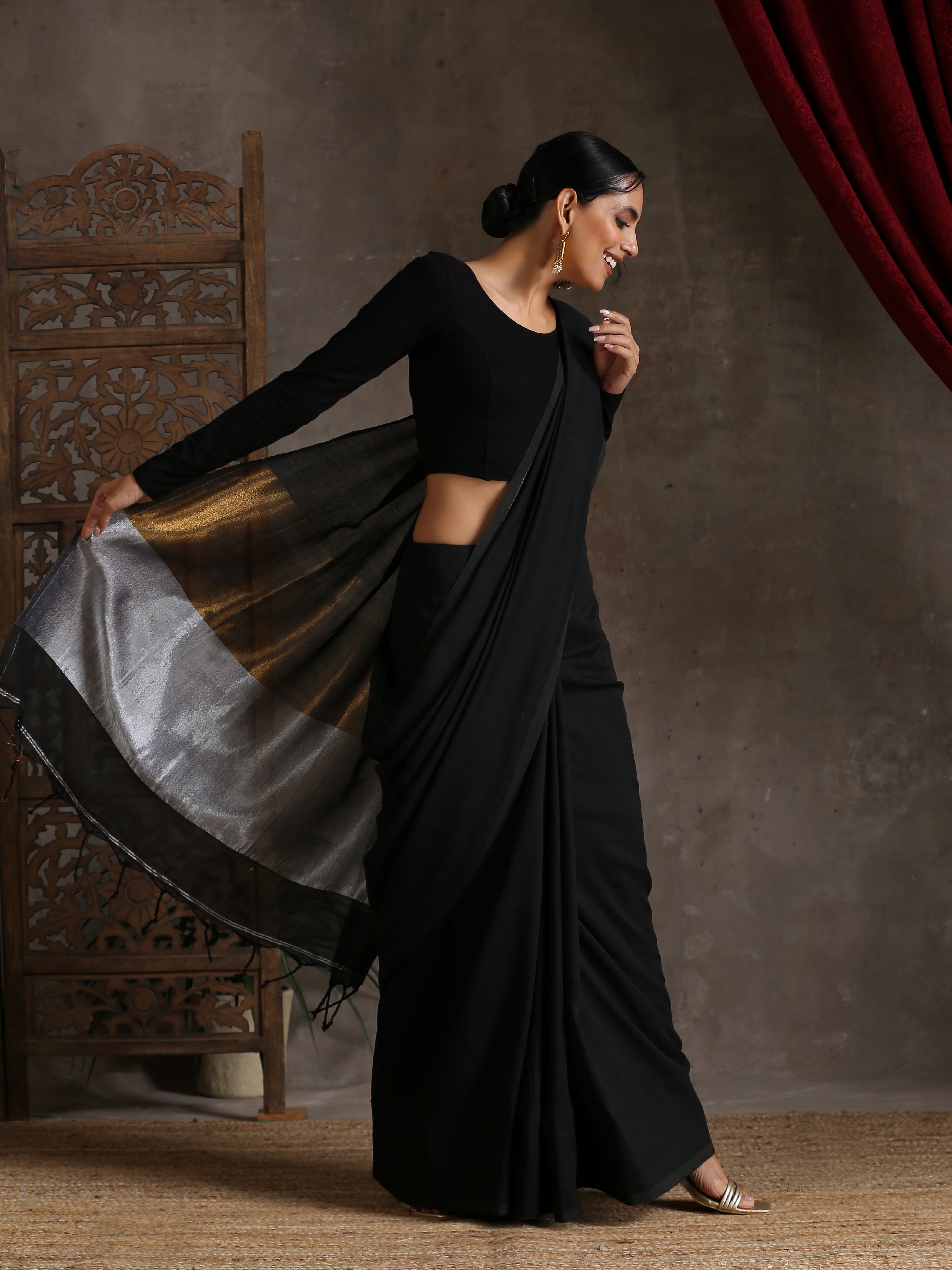 Regal Black Cotton Saree with Bronze & Silver Pallu