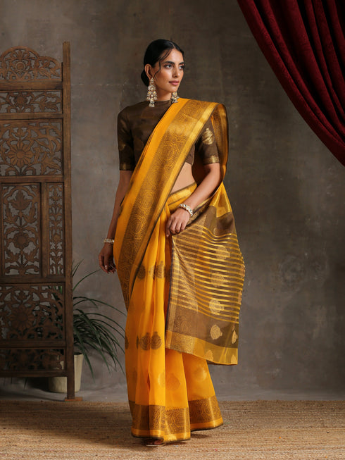 Autumn Yellow & Brown Cotton Saree with Blouse fabric