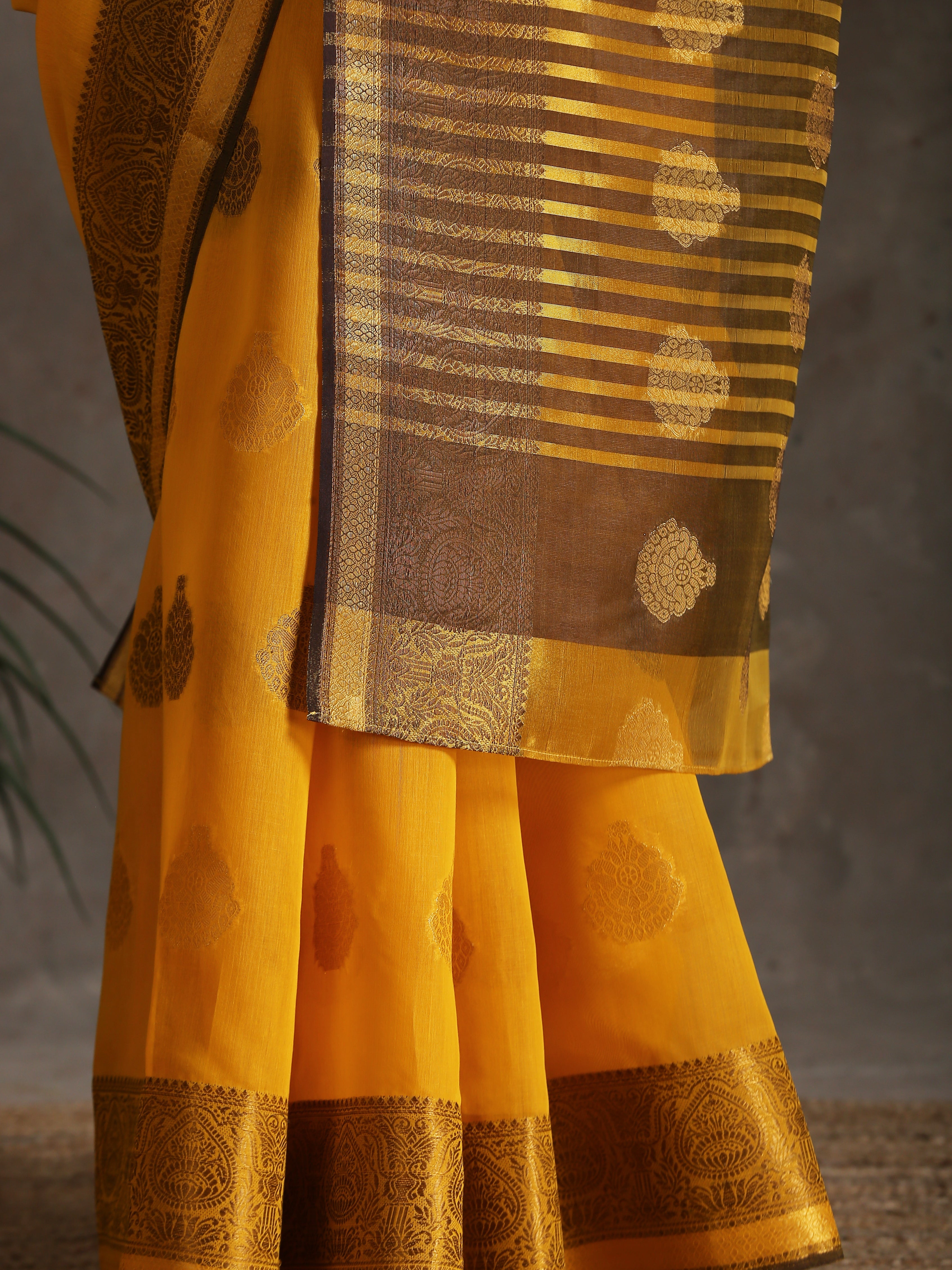 Autumn Yellow & Brown Cotton Saree with Blouse fabric