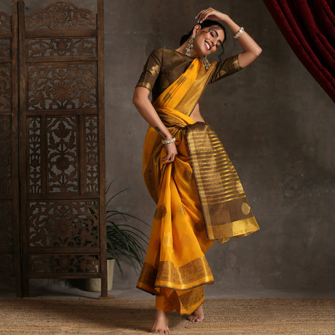Autumn Yellow & Brown Cotton Saree with Blouse fabric