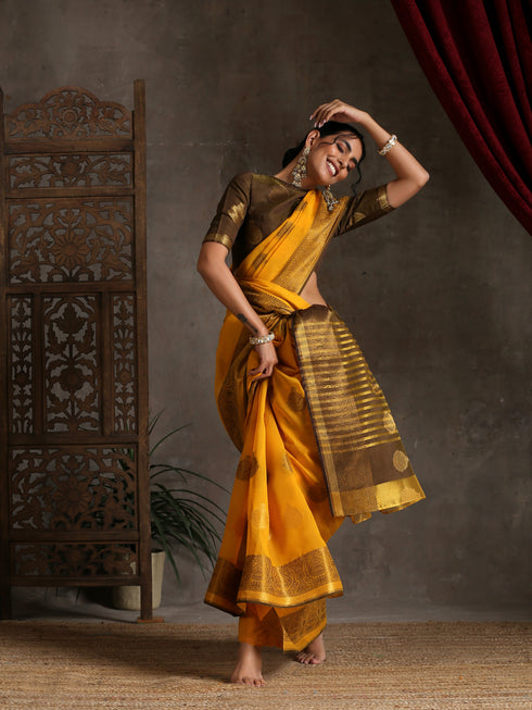 Autumn Yellow & Brown Cotton Saree with Blouse fabric