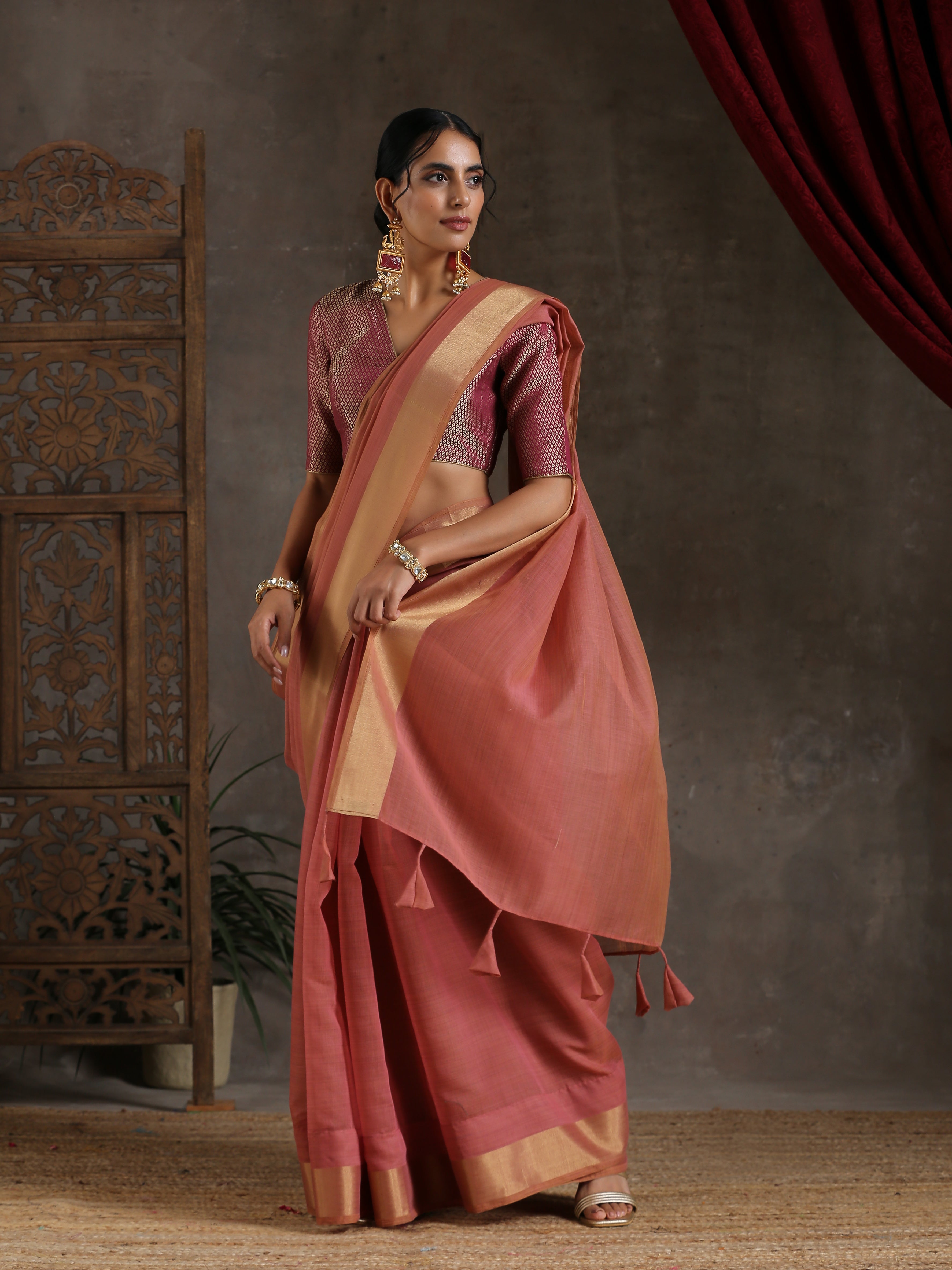 Pink Mauve Dual Shade Cotton Saree with Border and Tassels