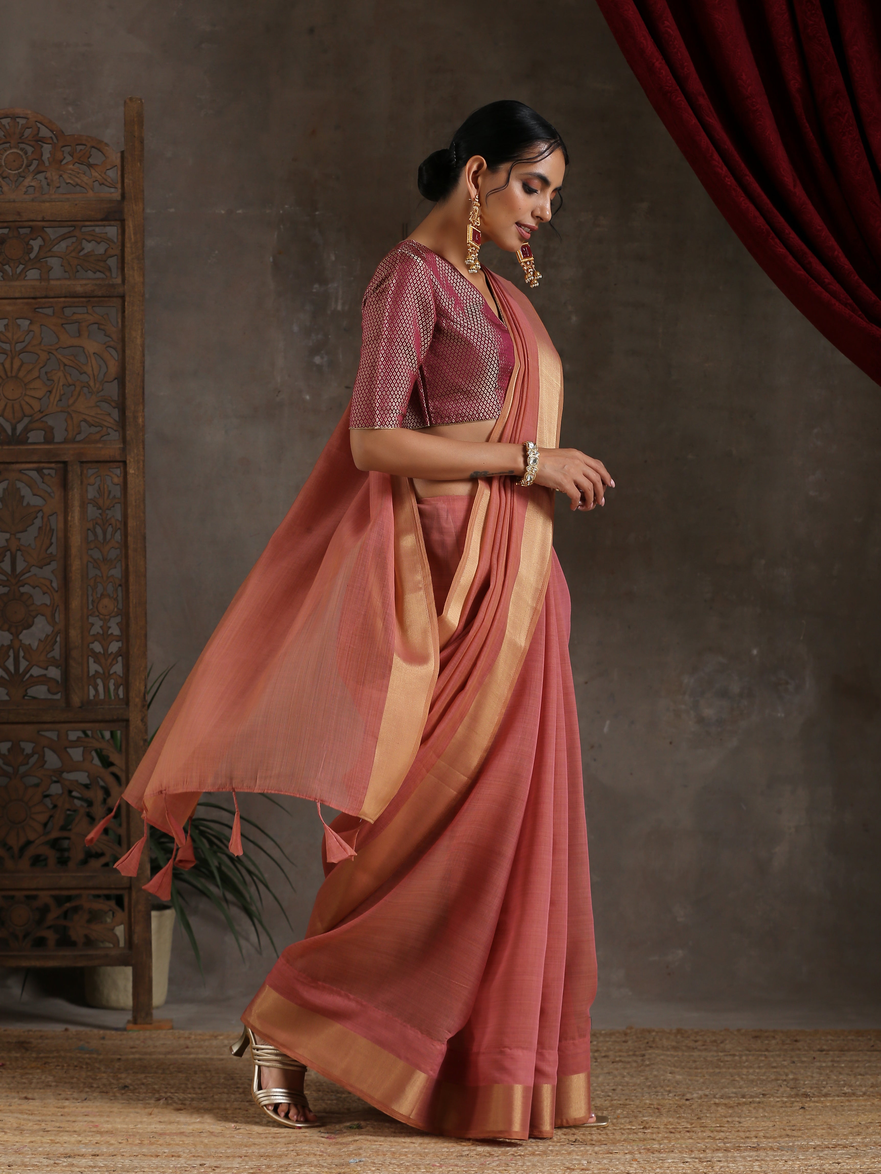 Pink Mauve Dual Shade Cotton Saree with Border and Tassels