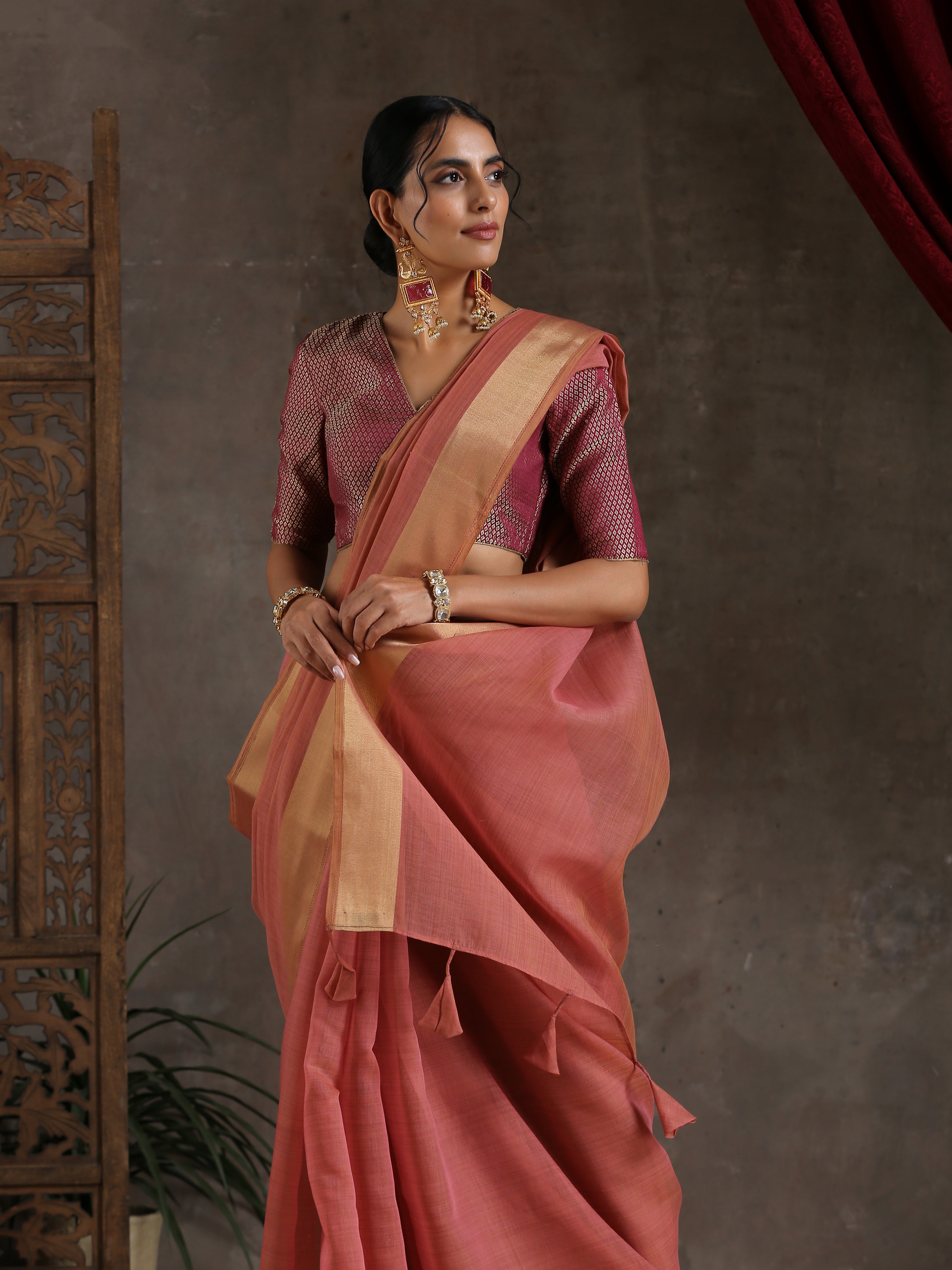 Pink Mauve Dual Shade Cotton Saree with Border and Tassels