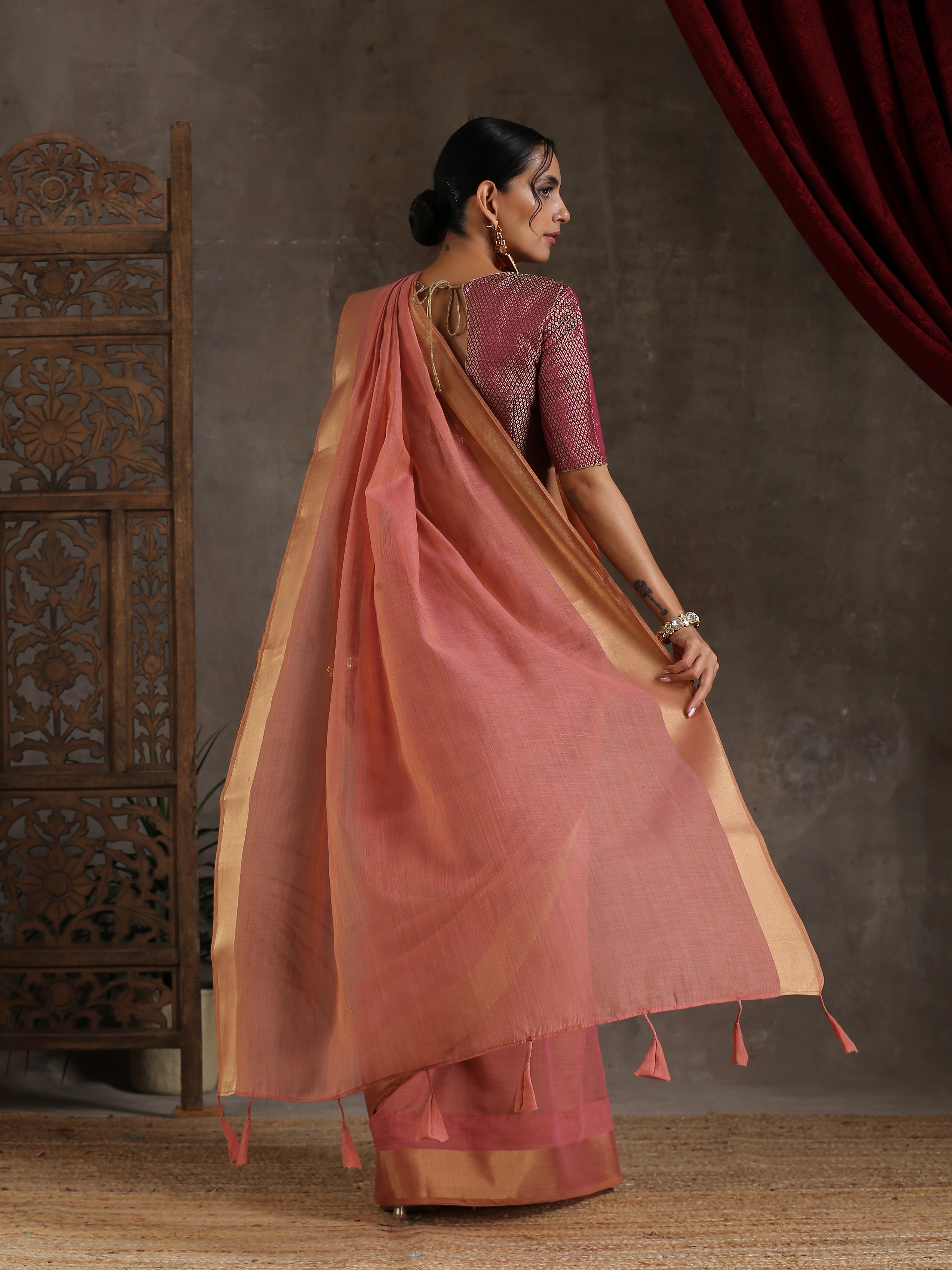 Pink Mauve Dual Shade Cotton Saree with Border and Tassels