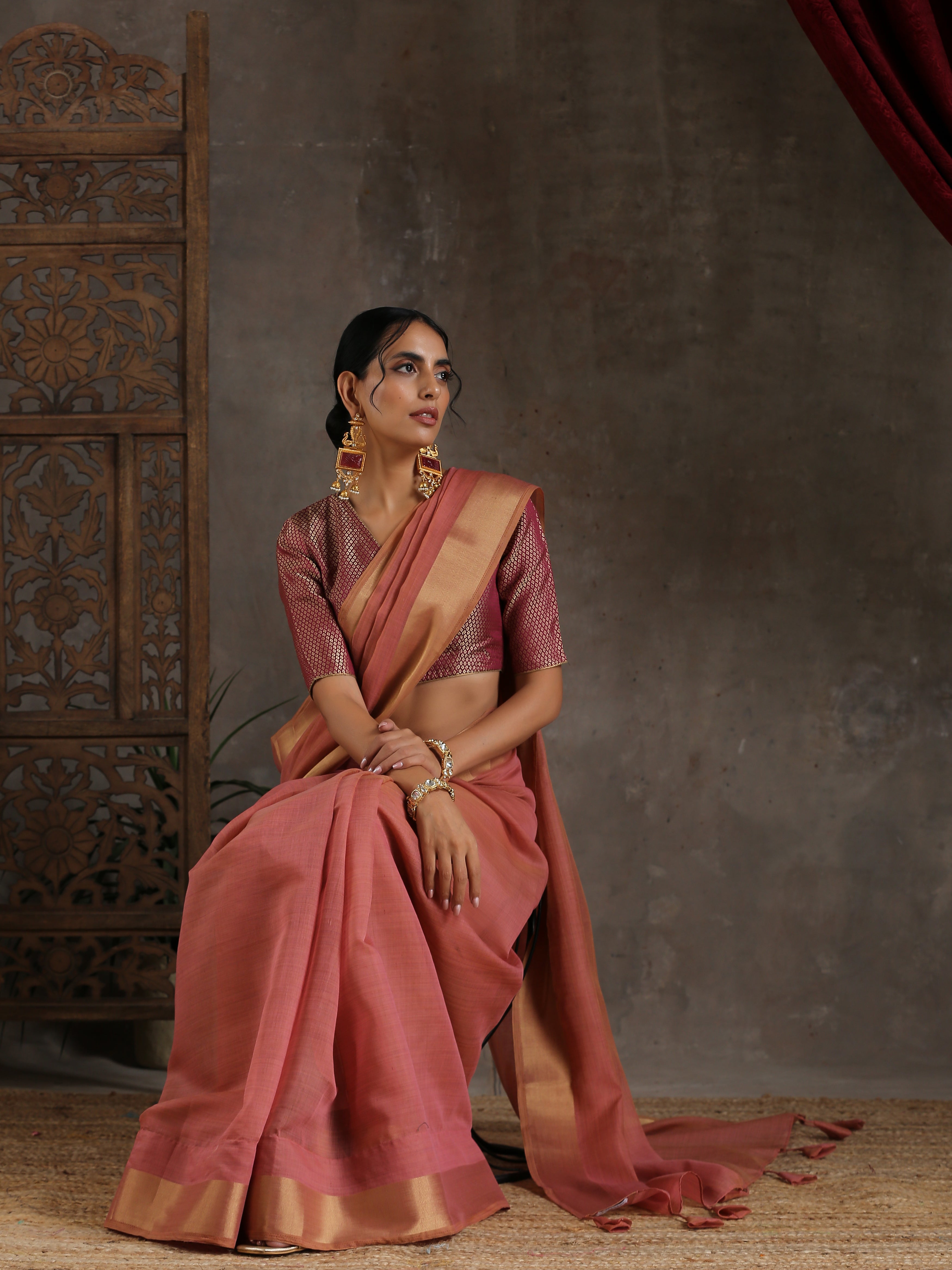 Pink Mauve Dual Shade Cotton Saree with Border and Tassels