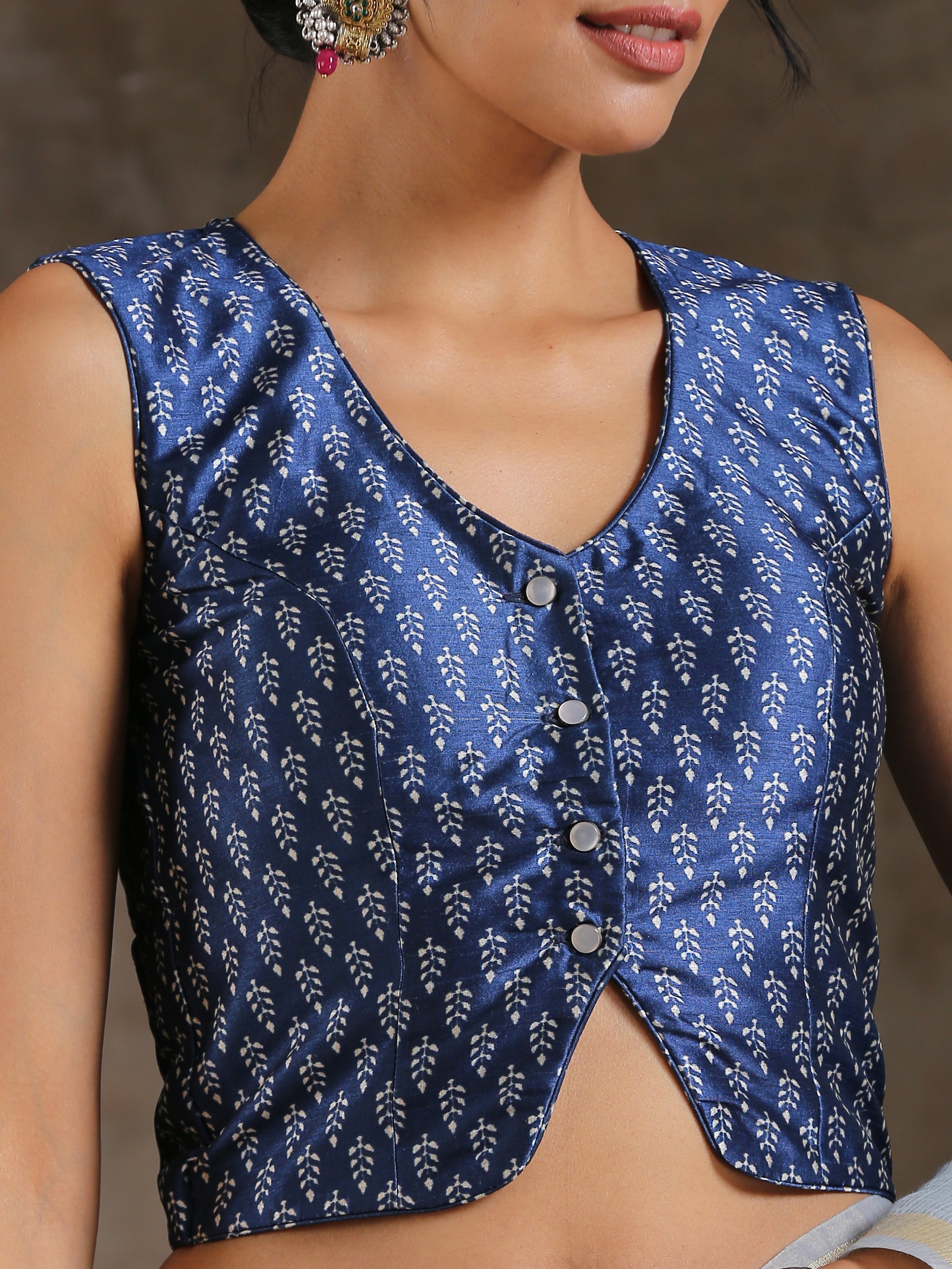 Blouse - Blue Leaves Print with Buttons