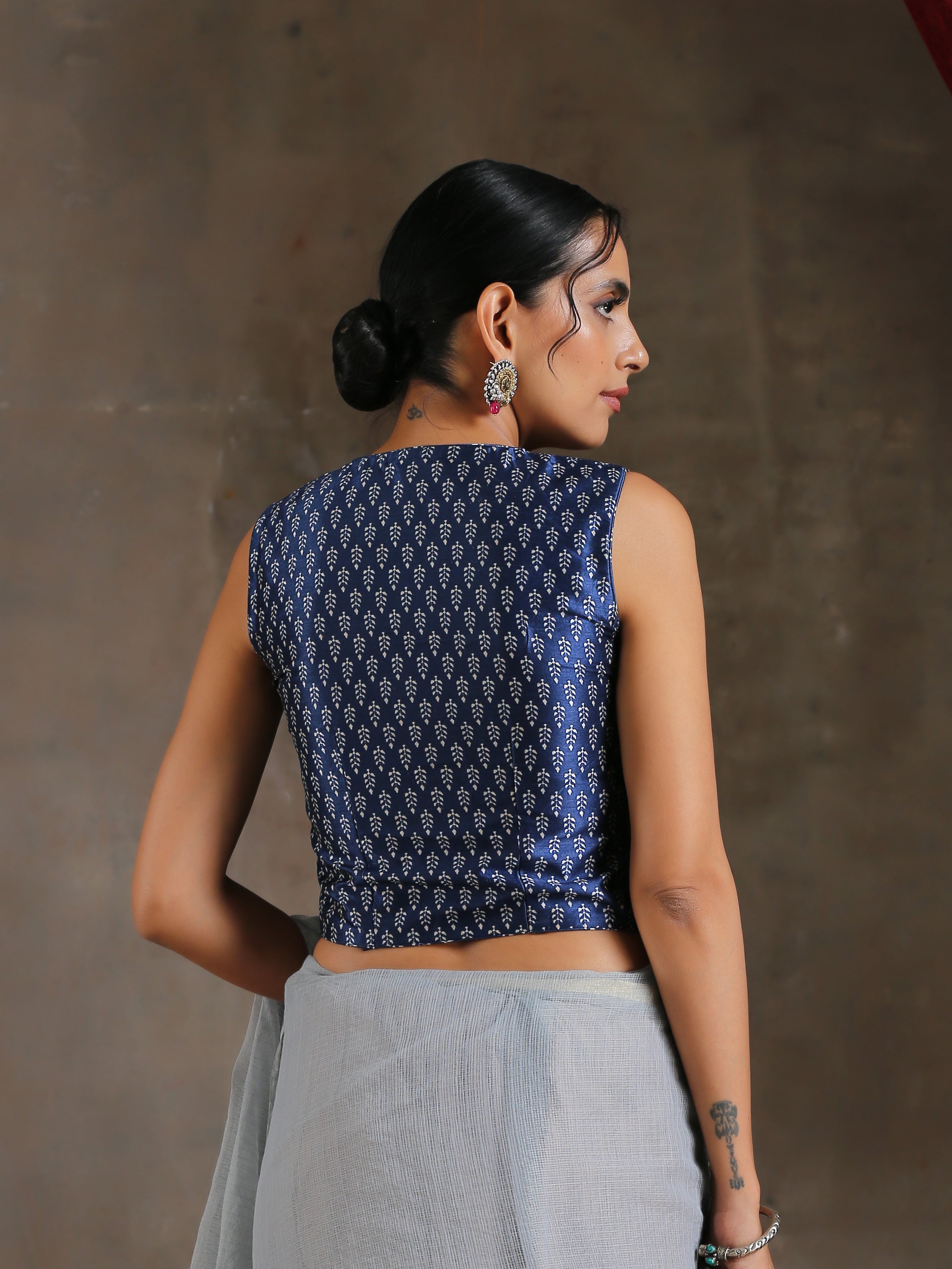 Blouse - Blue Leaves Print with Buttons