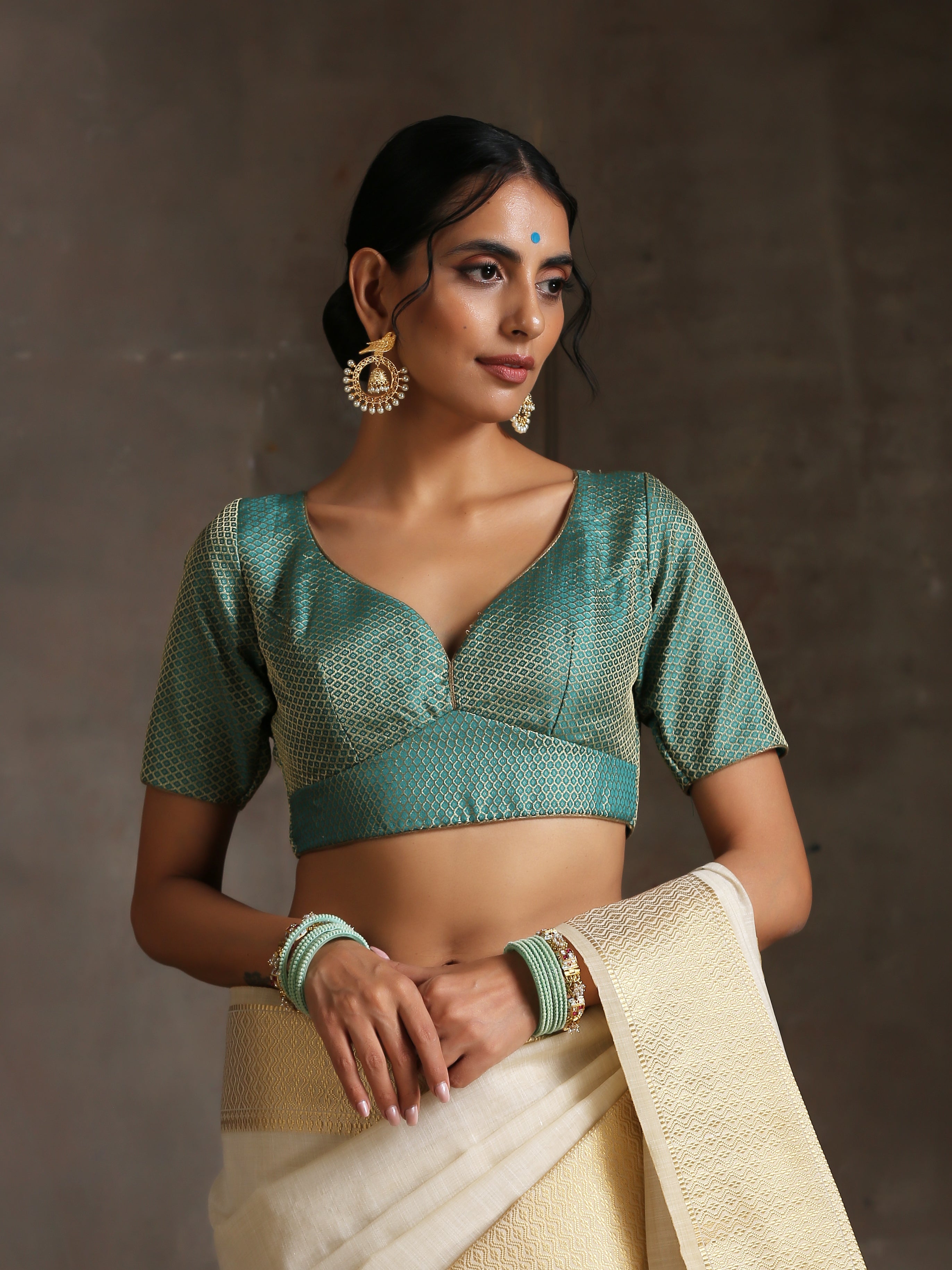 Blouse - Green Jacquard V neck