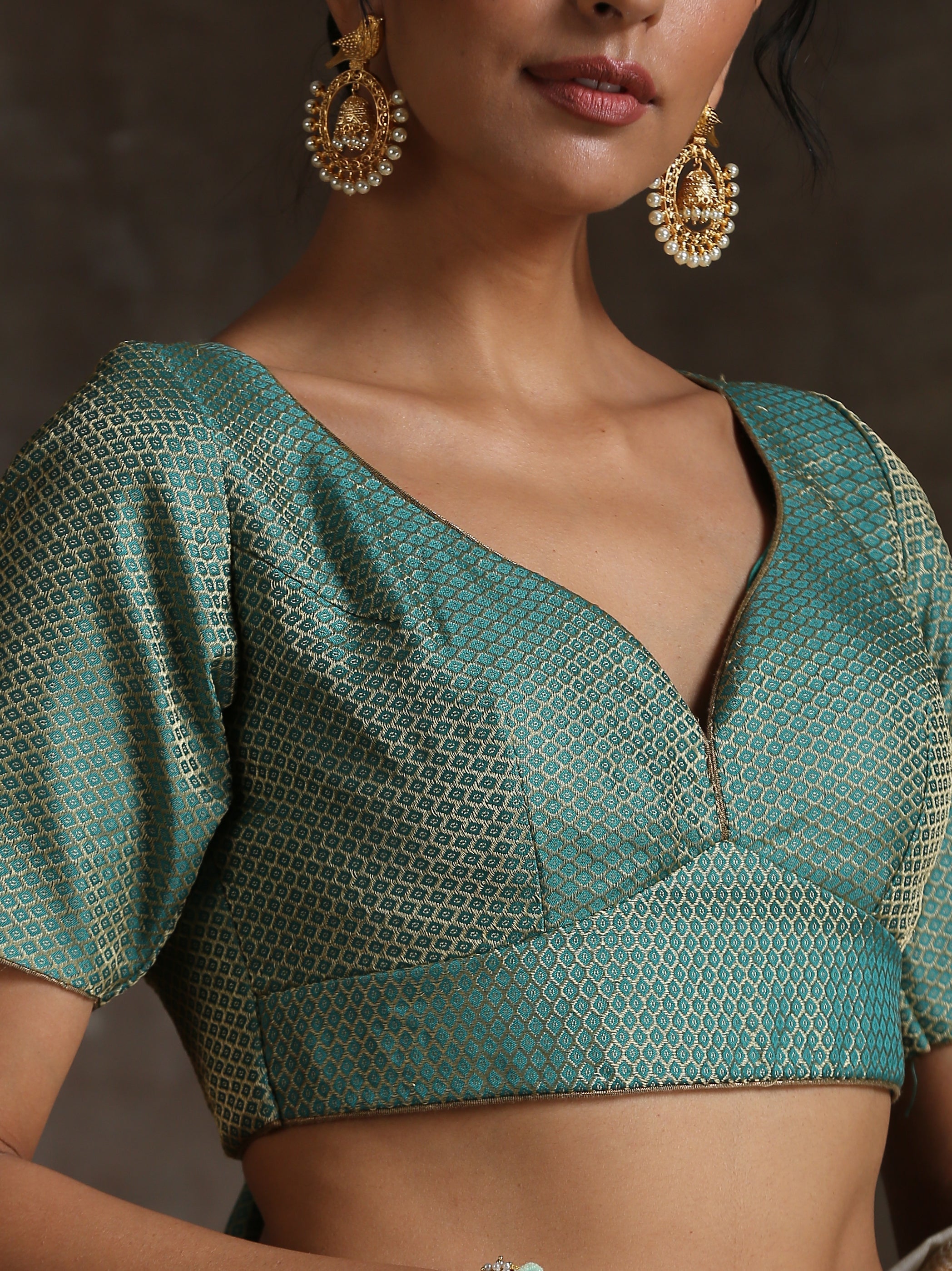 Blouse - Green Jacquard V neck