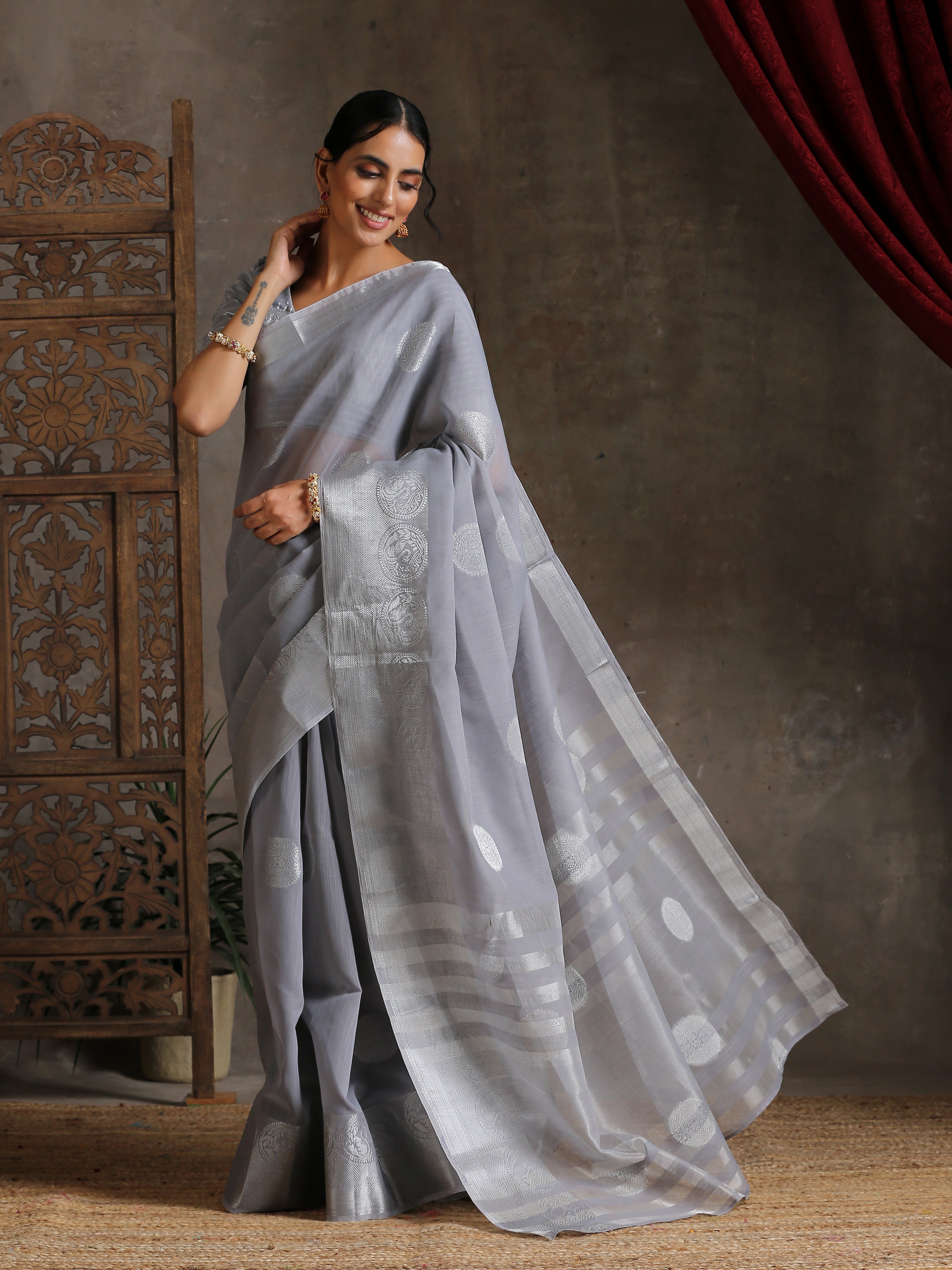 Silver Grey Woven Cotton saree with Blouse fabric