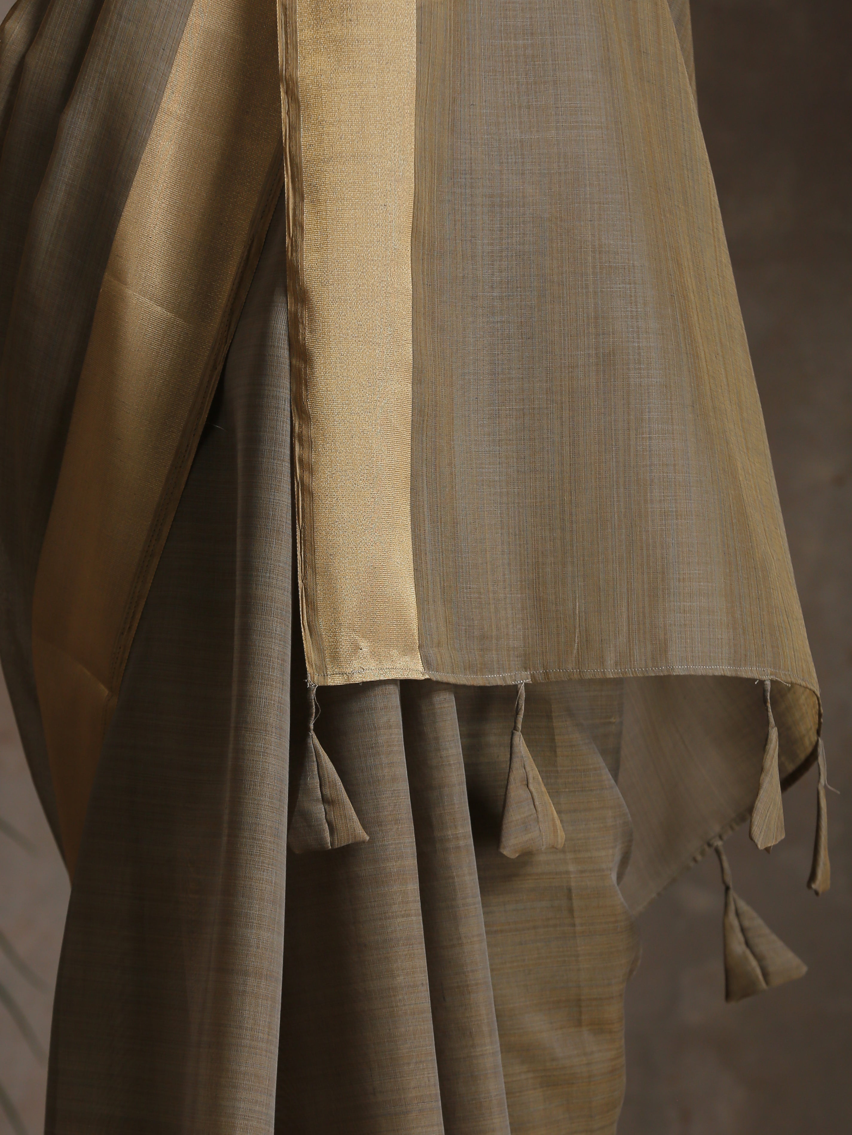 Ash Grey Dual Shade Cotton Saree with Border and Tassels