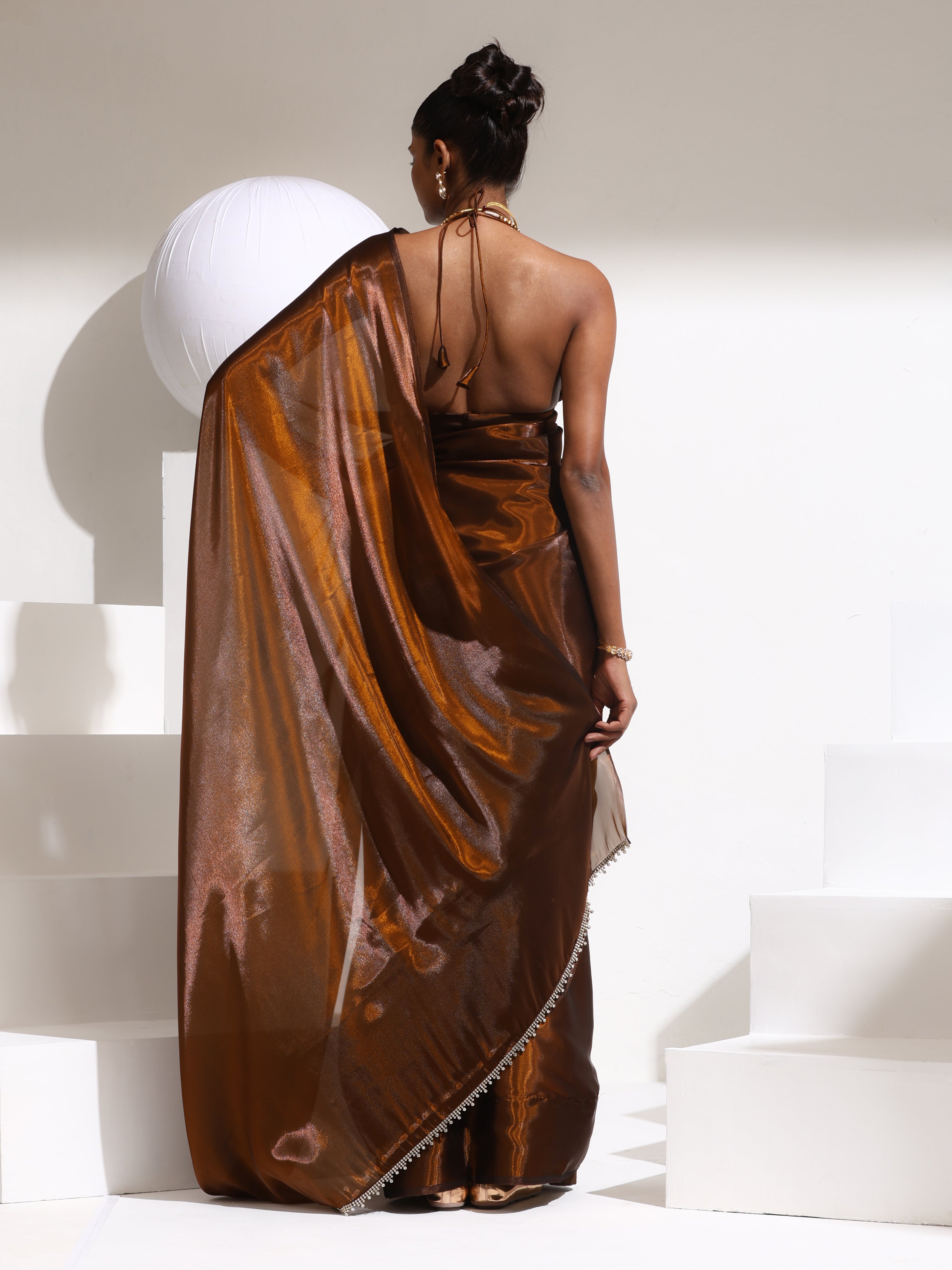 Molten Chocolate Organza Satin Saree with Swarovski style Lace and Blouse Fabric