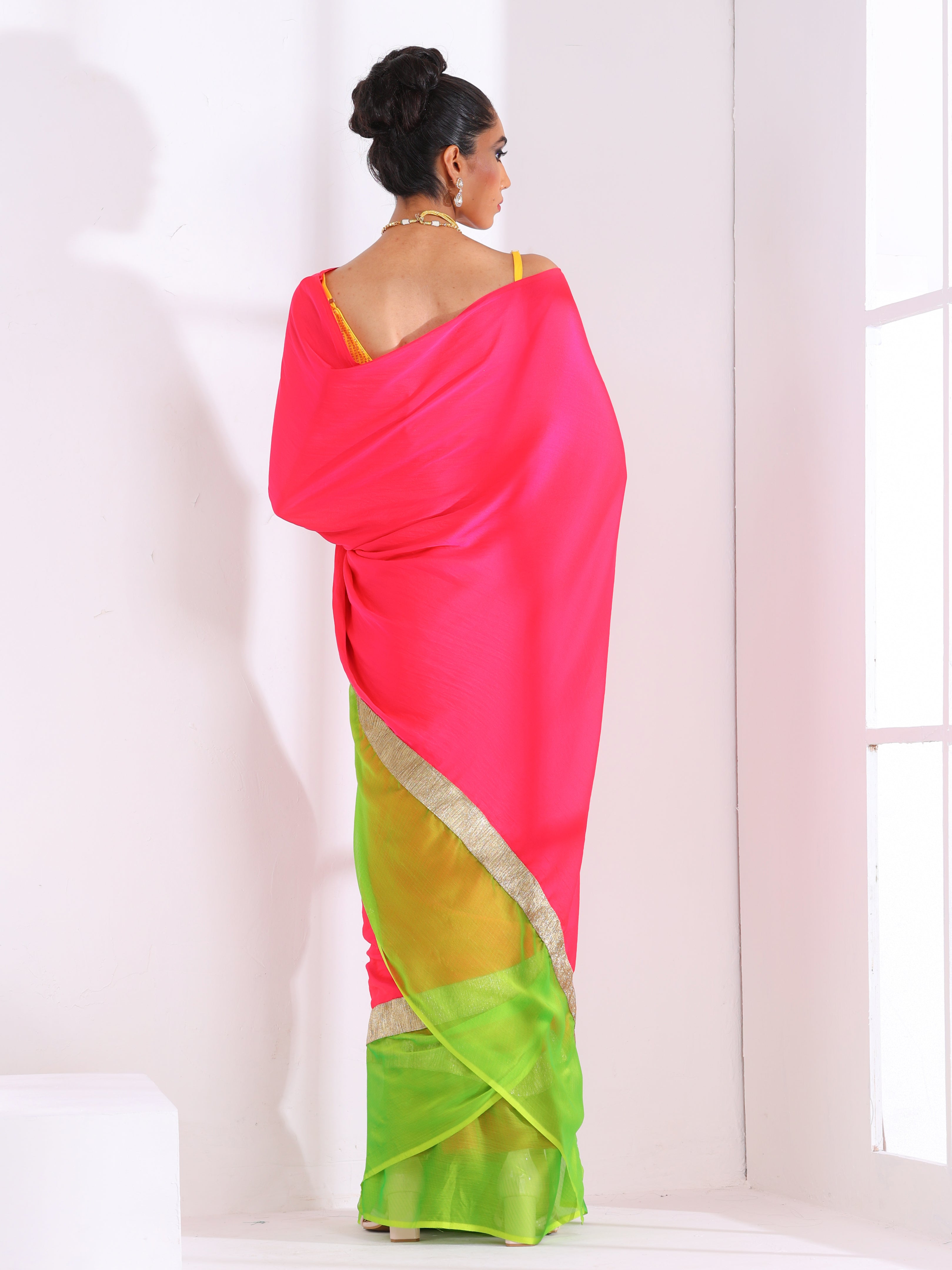 Fuchsia satin saree with lime green chiffon border with lace and yellow sequin blouse fabric — view 4