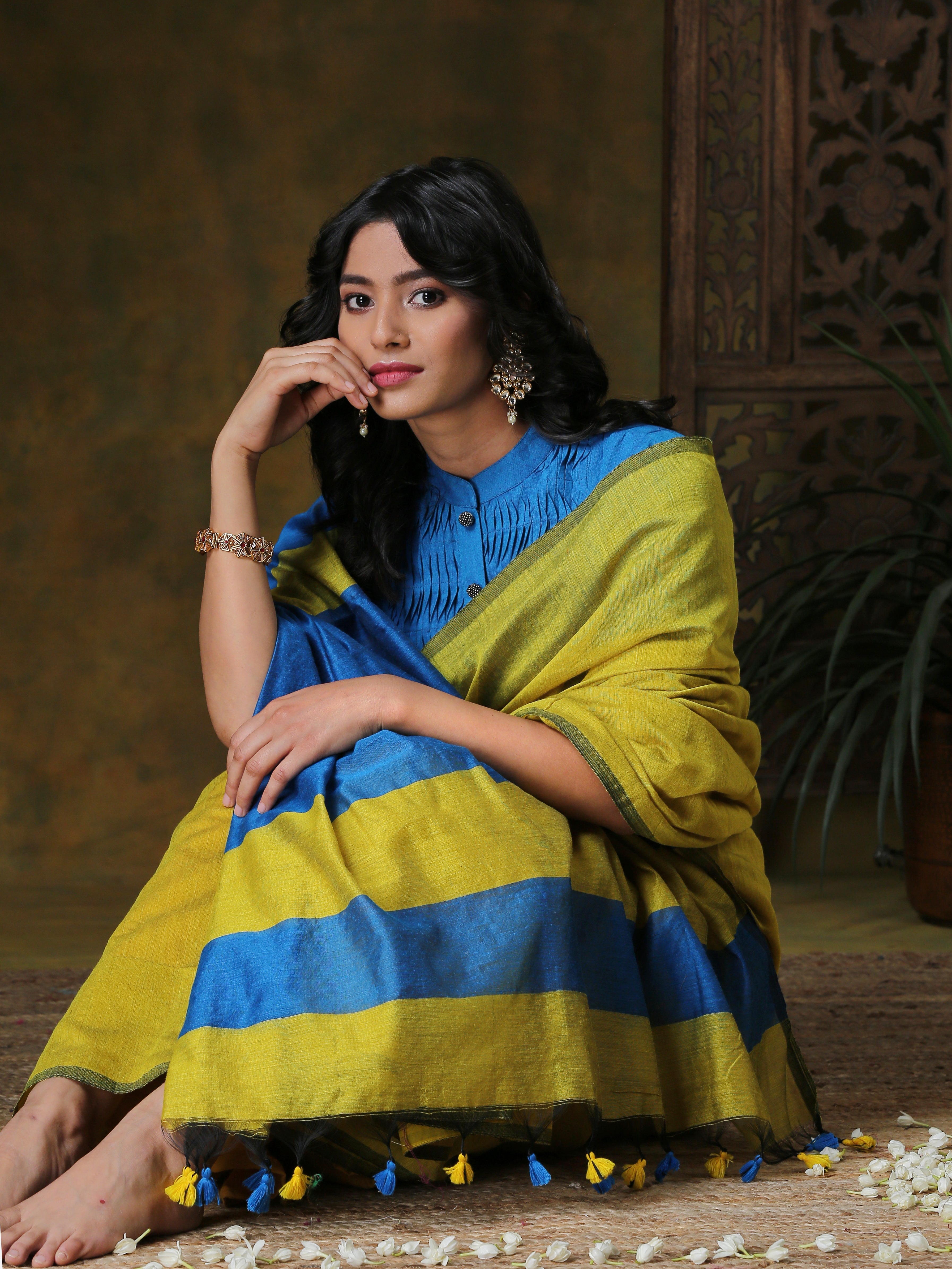 Kiwi Blue Dual Shade Cotton Handloom Saree