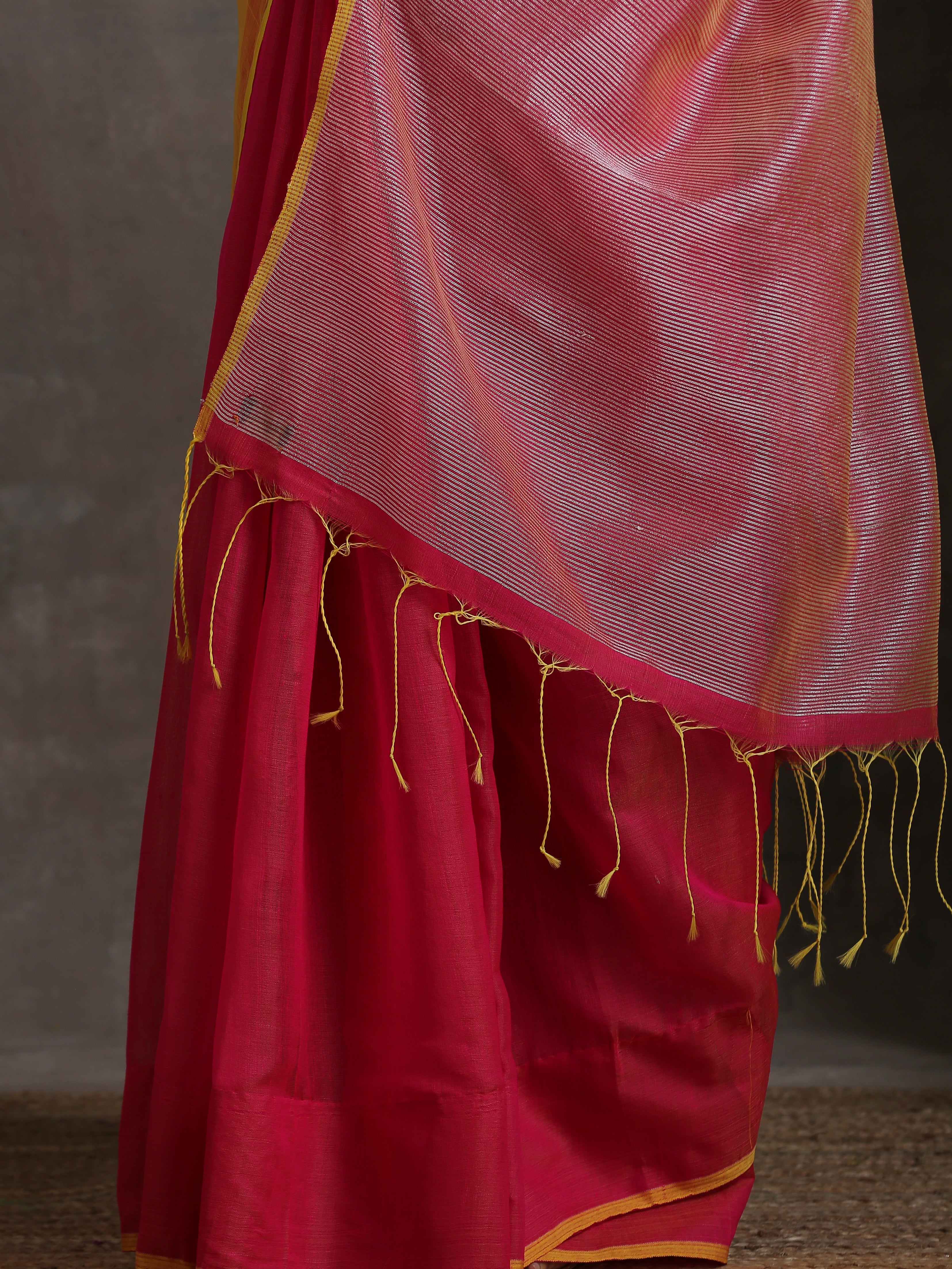 Pink & Yellow Chanderi Saree with Blouse Fabric