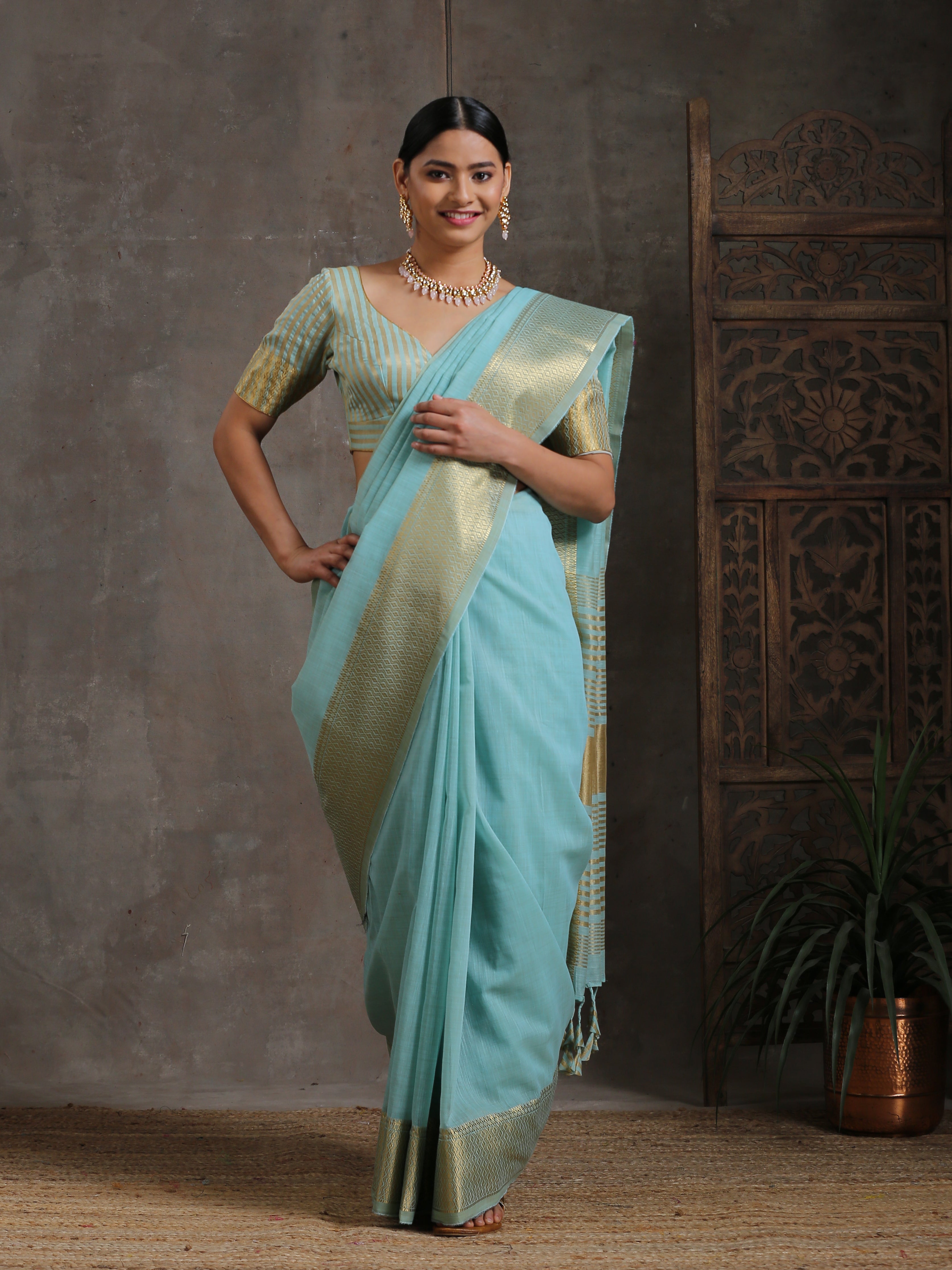 Icy Blue Gold Cotton Saree
