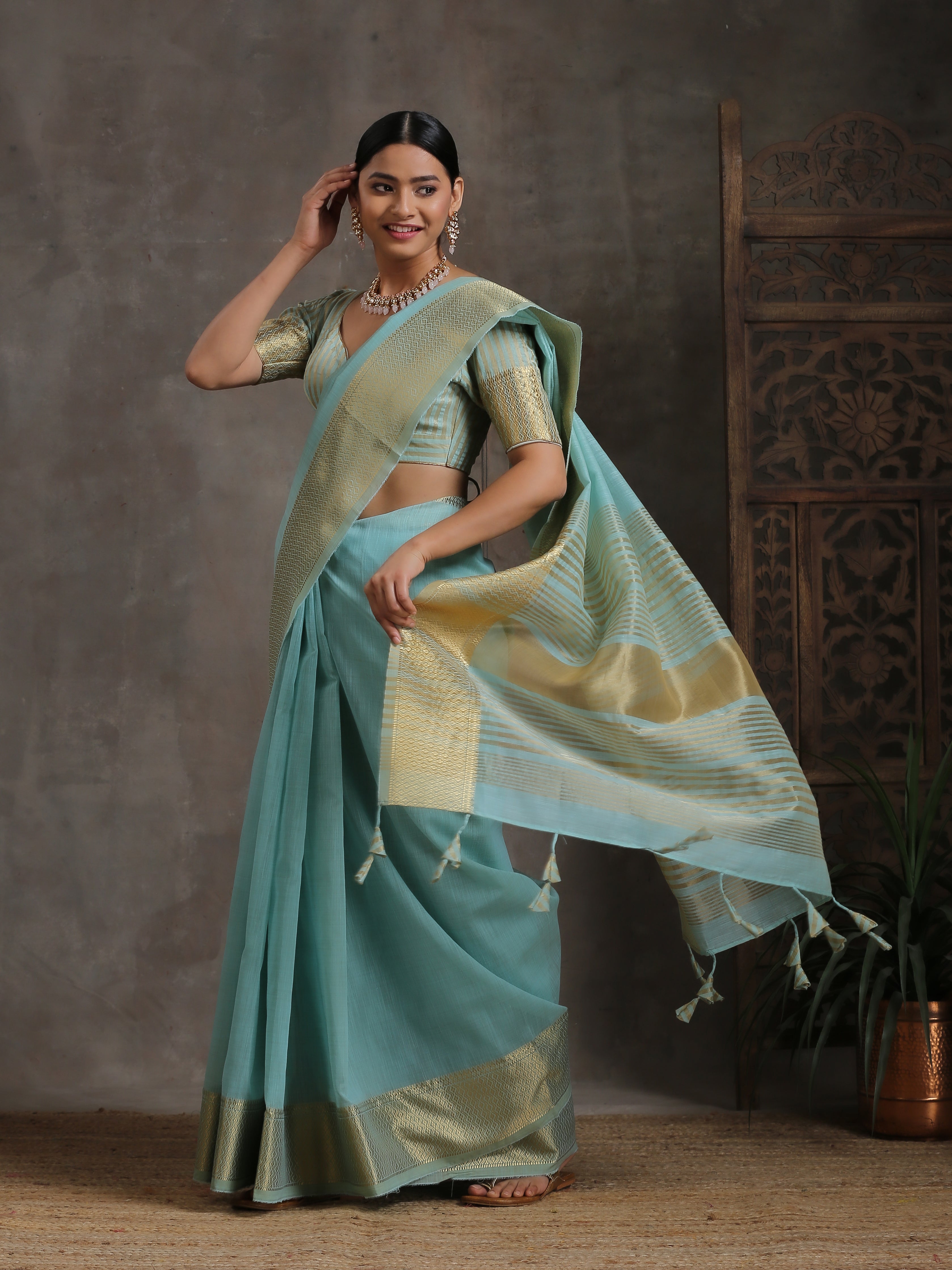 Icy Blue Gold Cotton Saree