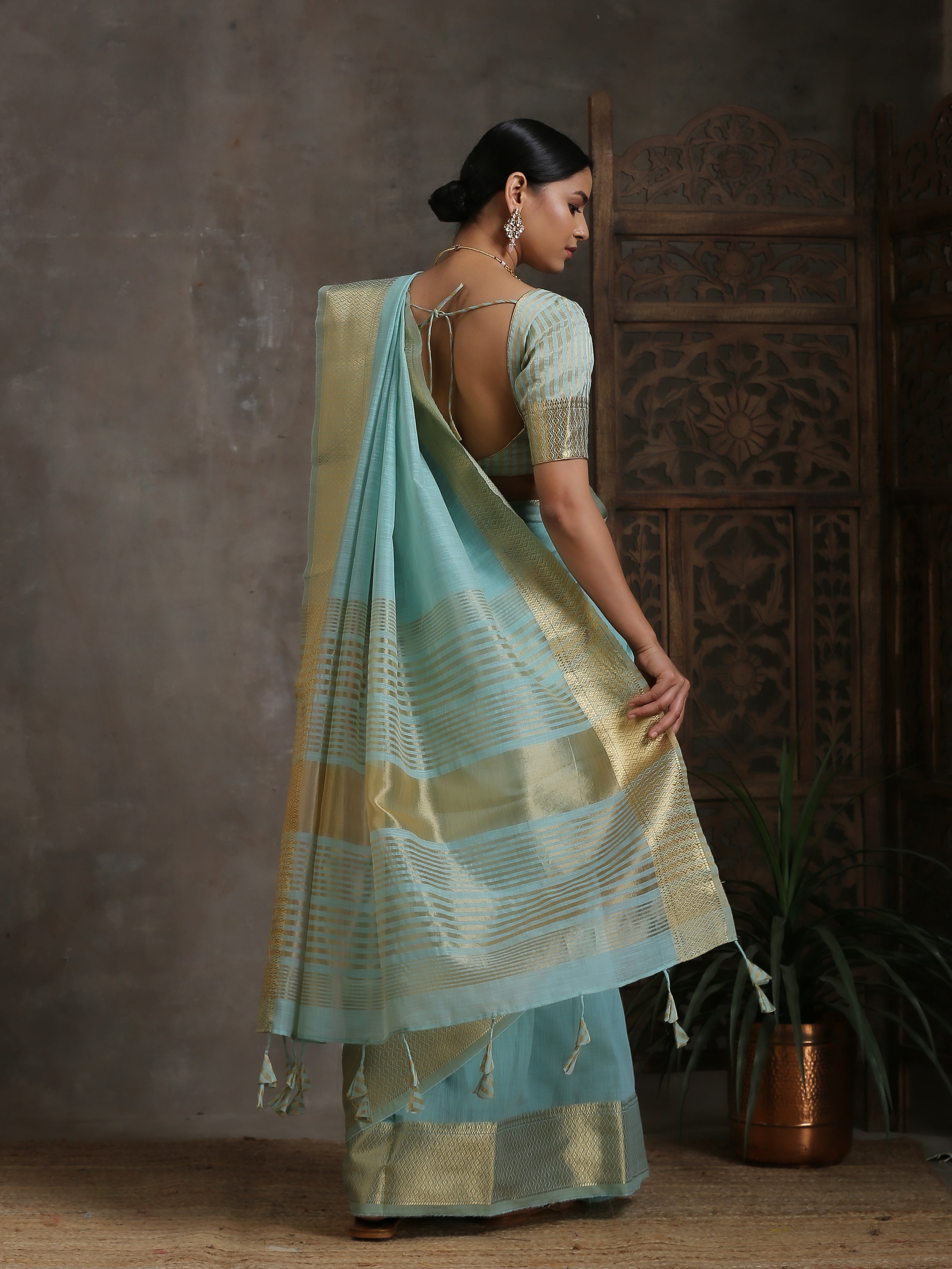 Icy Blue Gold Cotton Saree