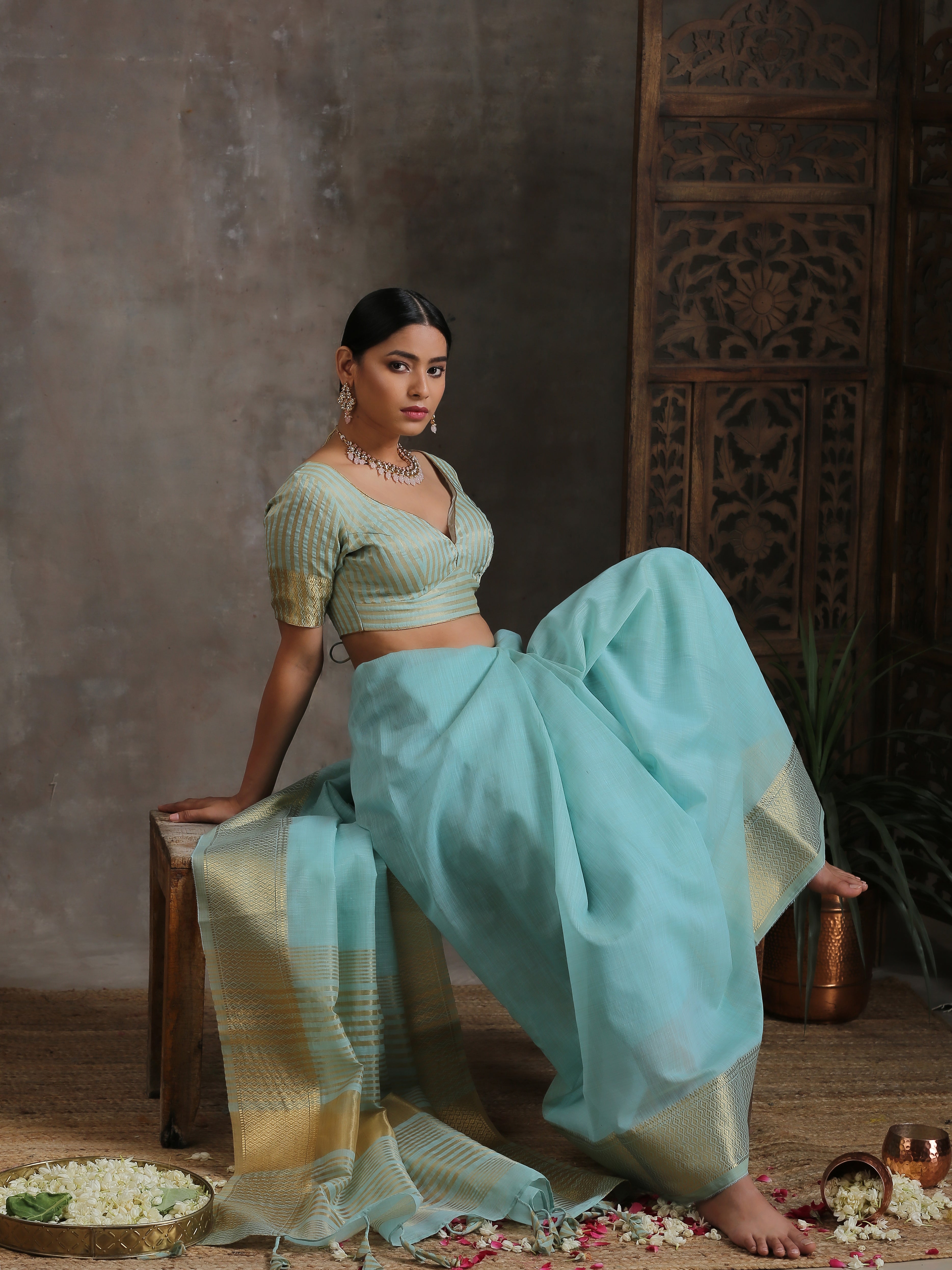 Icy Blue Gold Cotton Saree